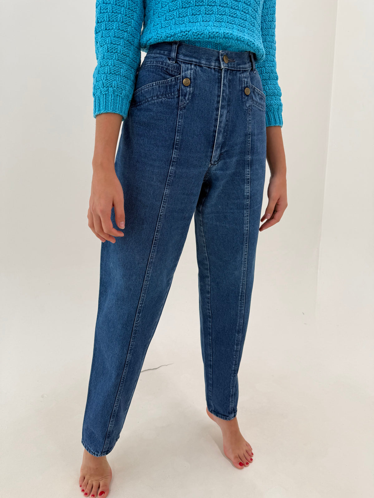 Jeans old vintage tall cu buzuznare oblice mom fit classic wash