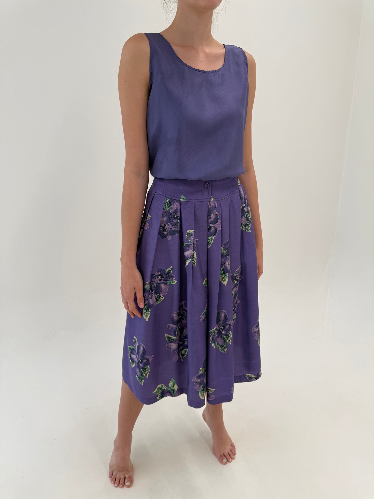 Fustă vintage lavandă cu print floral și talie ultra marcată înaltă din panzica