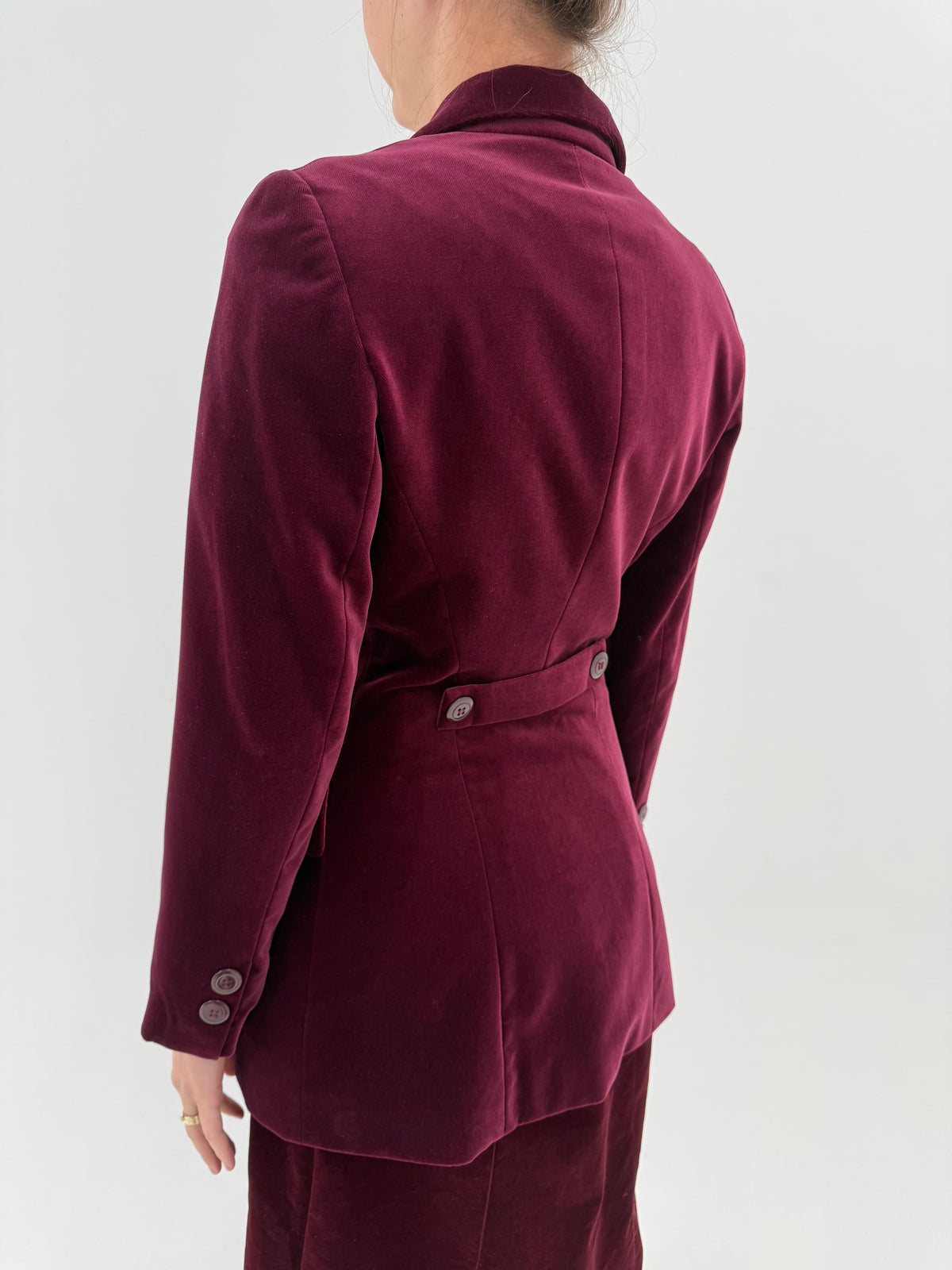 Sacou italian cambrat burgundy din catifea de bumbac cu talie marcată