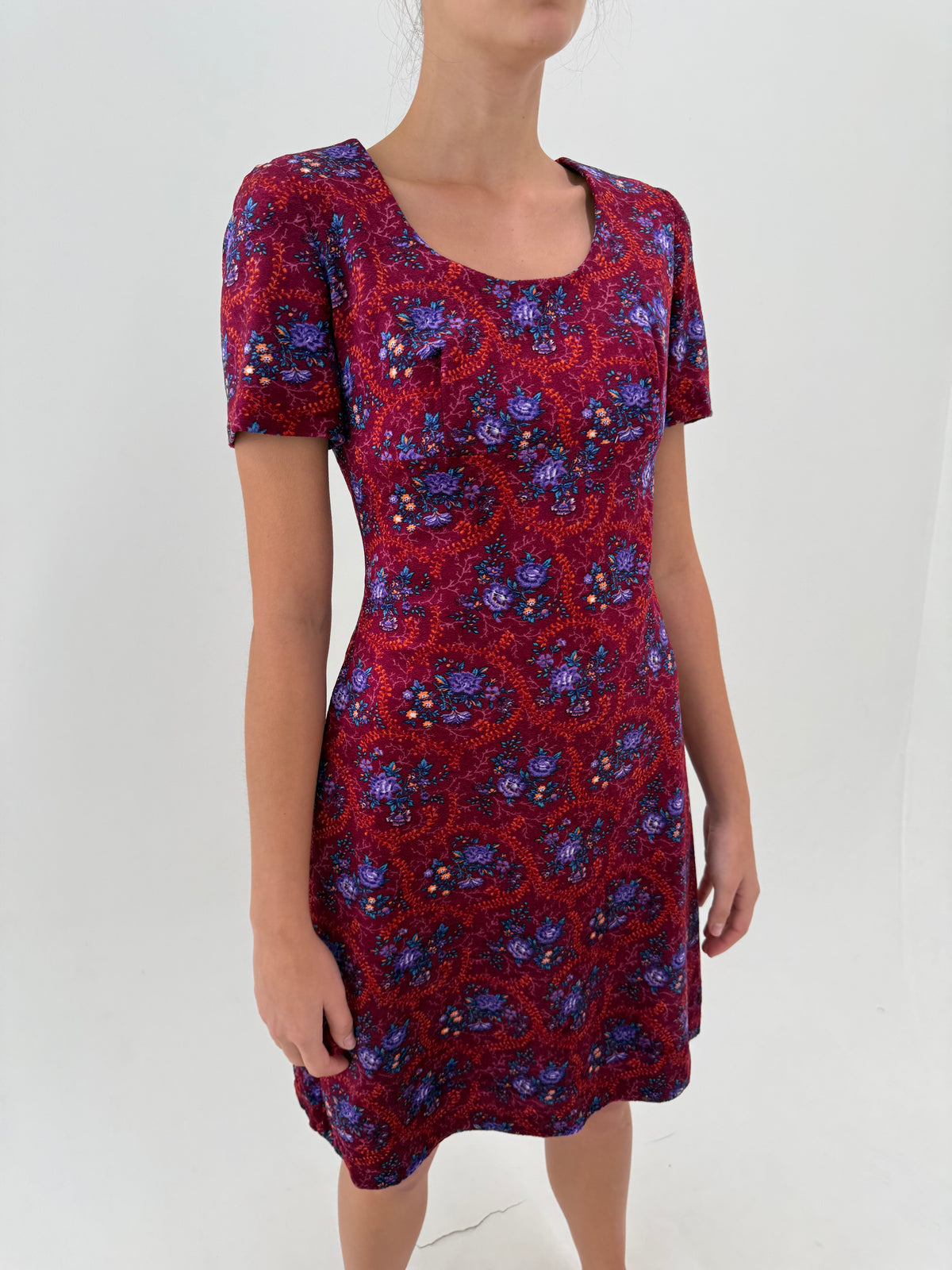 Rochie vintage din catifea excepțională de bumbac burgundy cu print superb