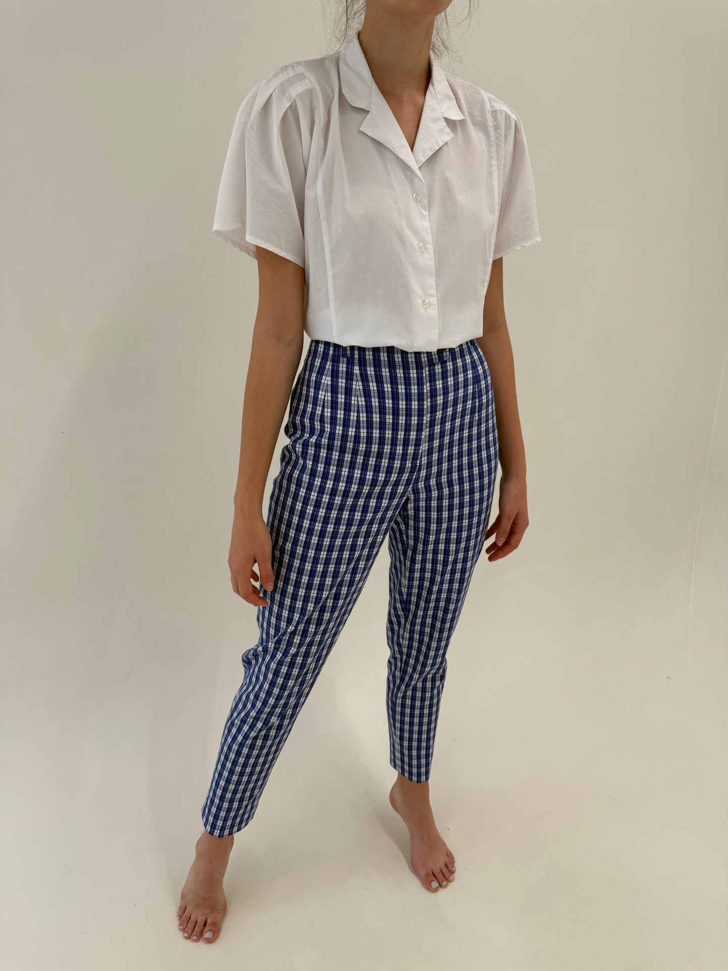 Pantaloni vintage gingham modelatori din bumbac cu talie ultra înaltă