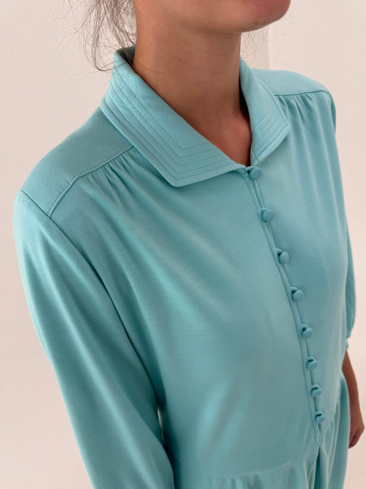 Rochie vintage din tricot extrafin de bumbac gros aqua blue cu talie marcată