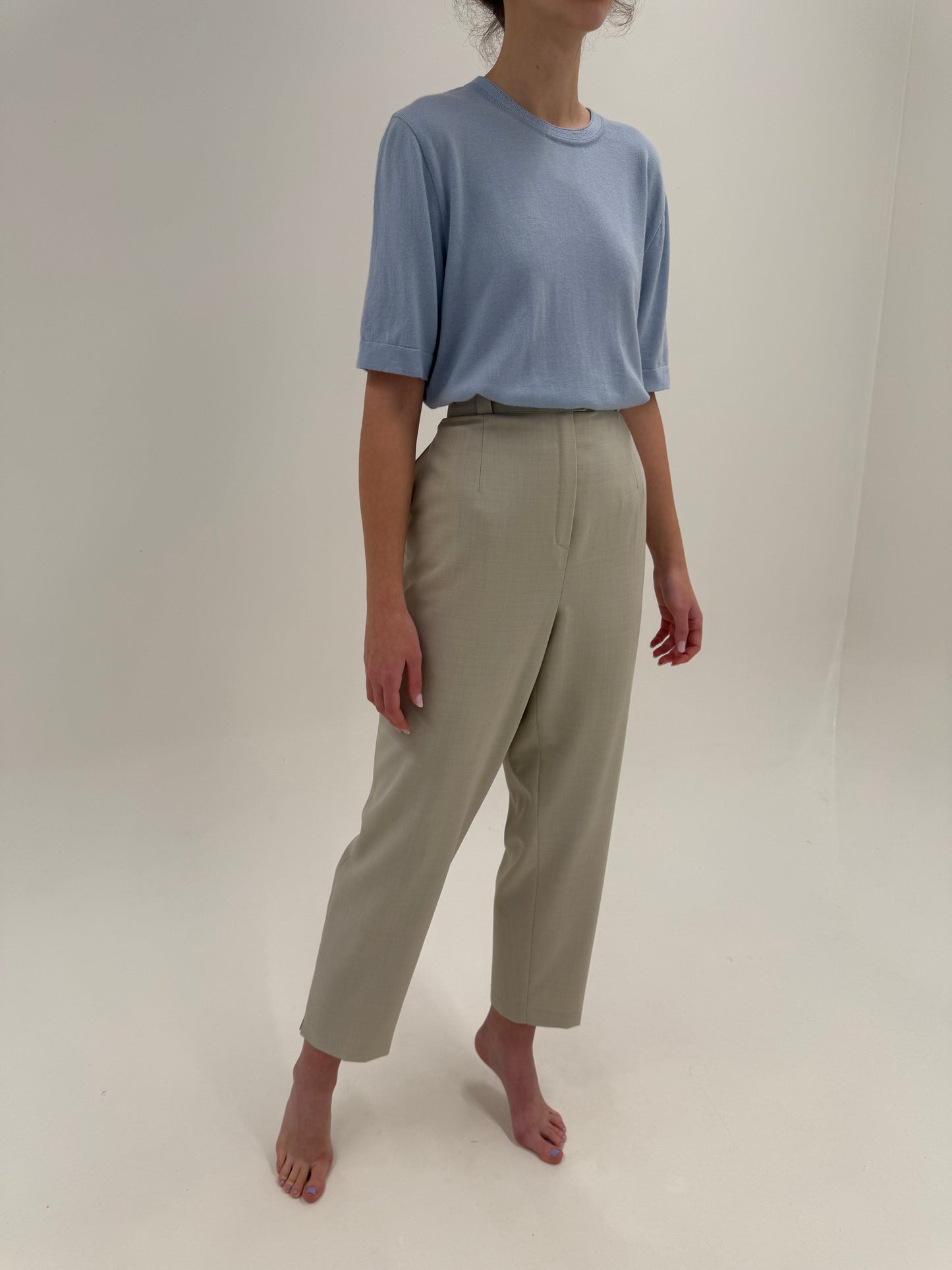 Pantaloni light nude din lana extrafina confort cu talie înaltă elastică