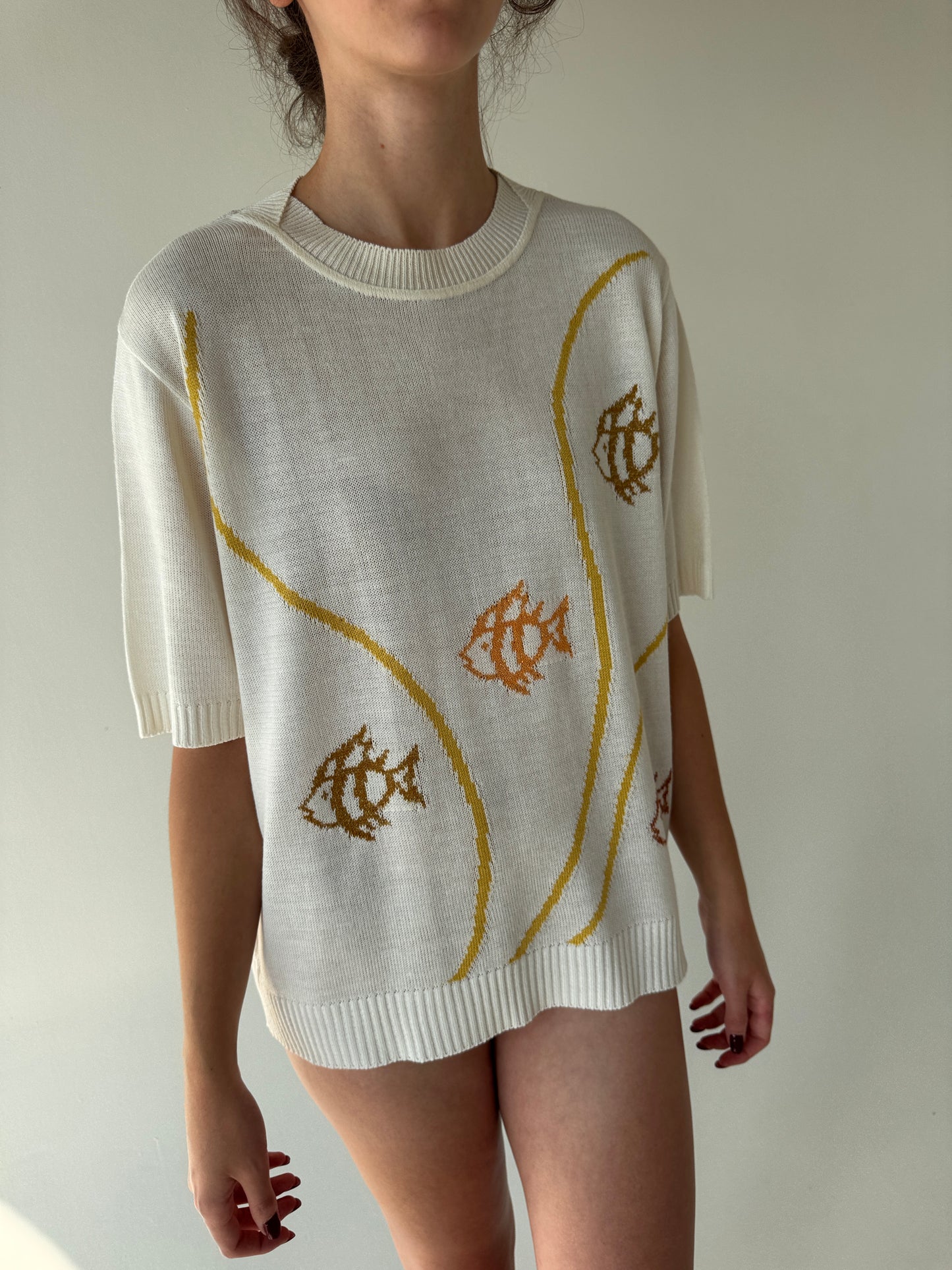 Top vintage butter white din jerse cu print stilizat