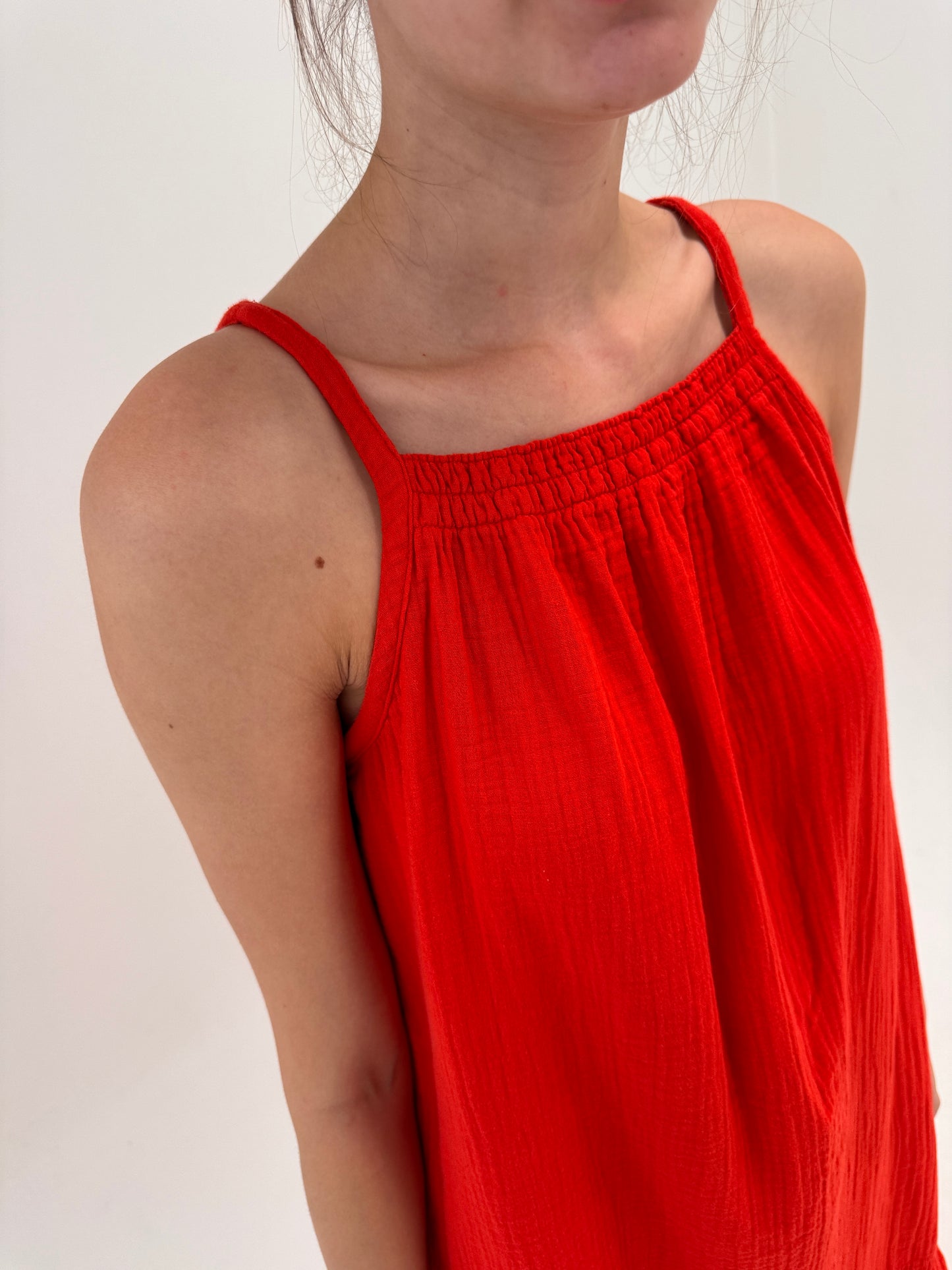 Rochie cherry red maxi din muselina de bumbac în croi lejer
