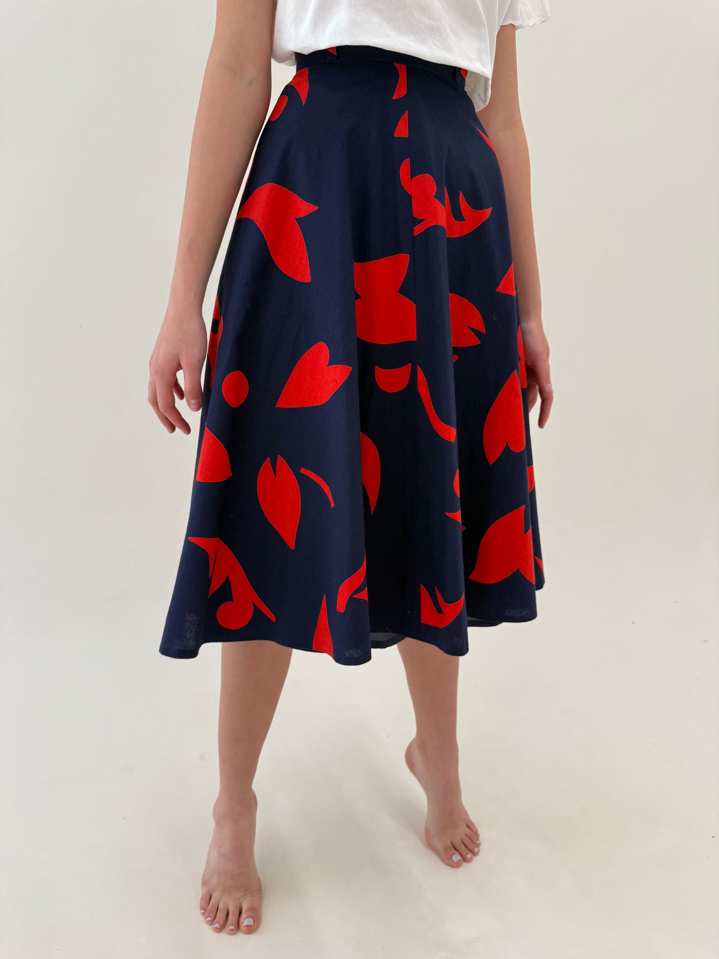 Fustă vintage din panzica de bumbac cu buzunare Navy cu print roșu