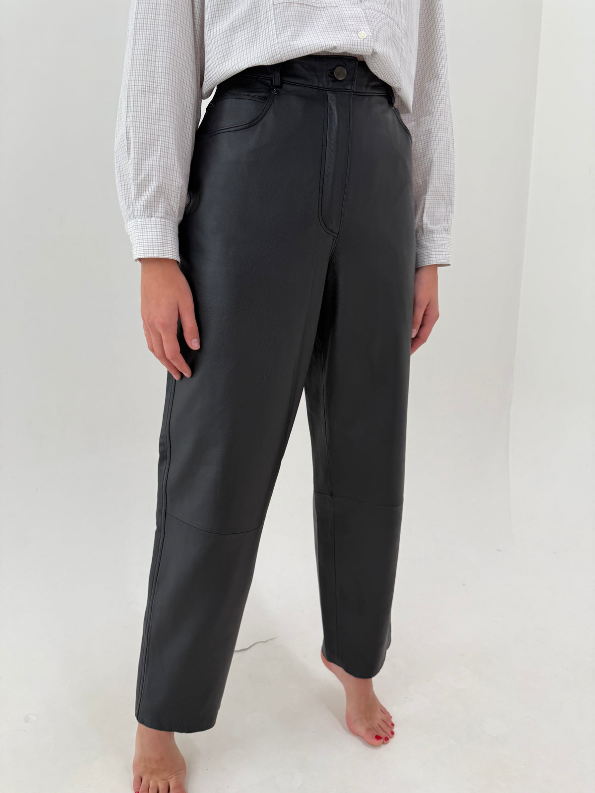 Pantaloni tall din piele naturală moale mom fit cu talie ultra înaltă