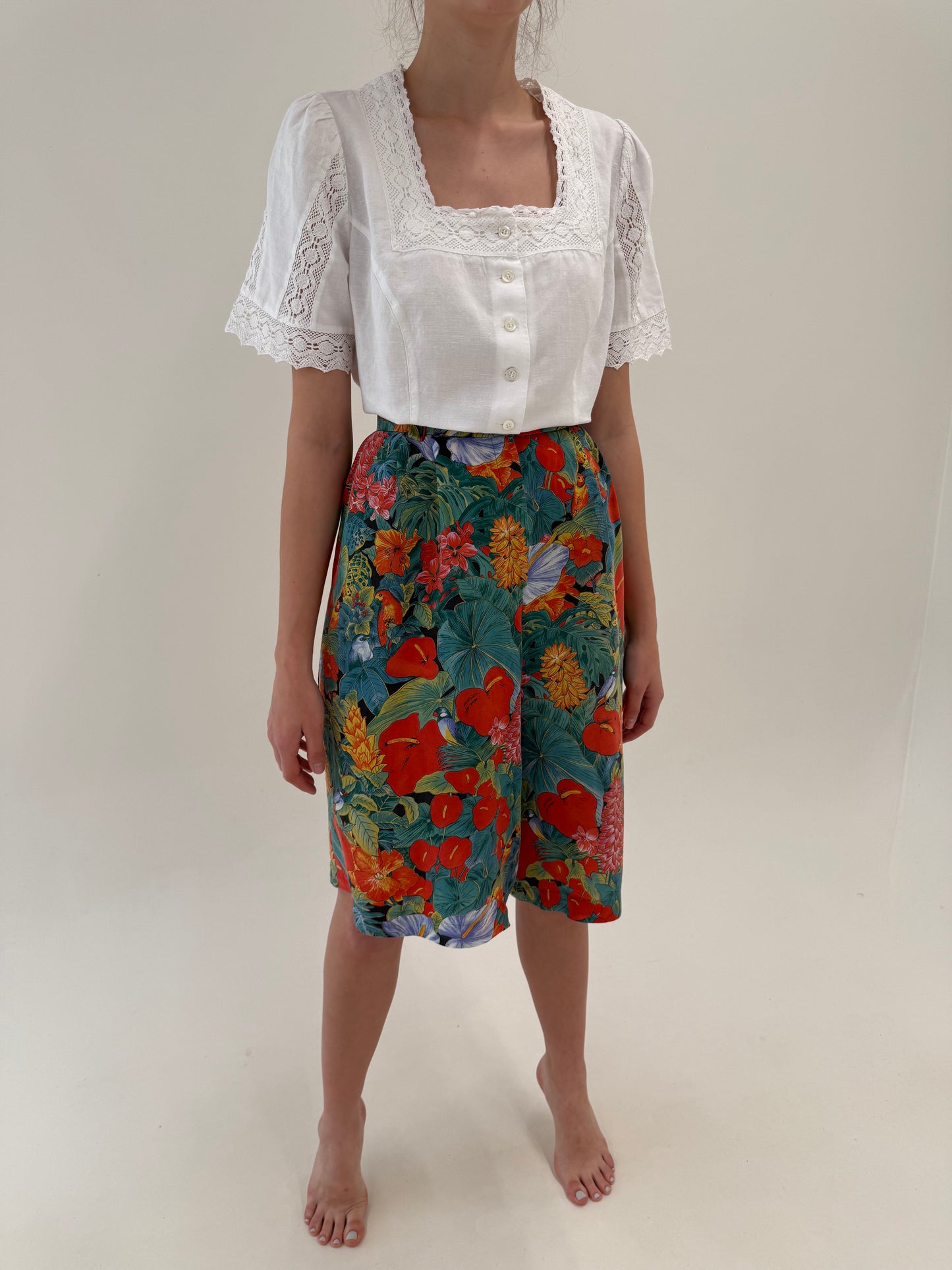 Pantaloni midi din mătase naturală cu print floral superb și talie ultra înaltă