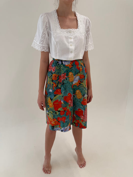 Pantaloni midi din mătase naturală cu print floral superb și talie ultra înaltă