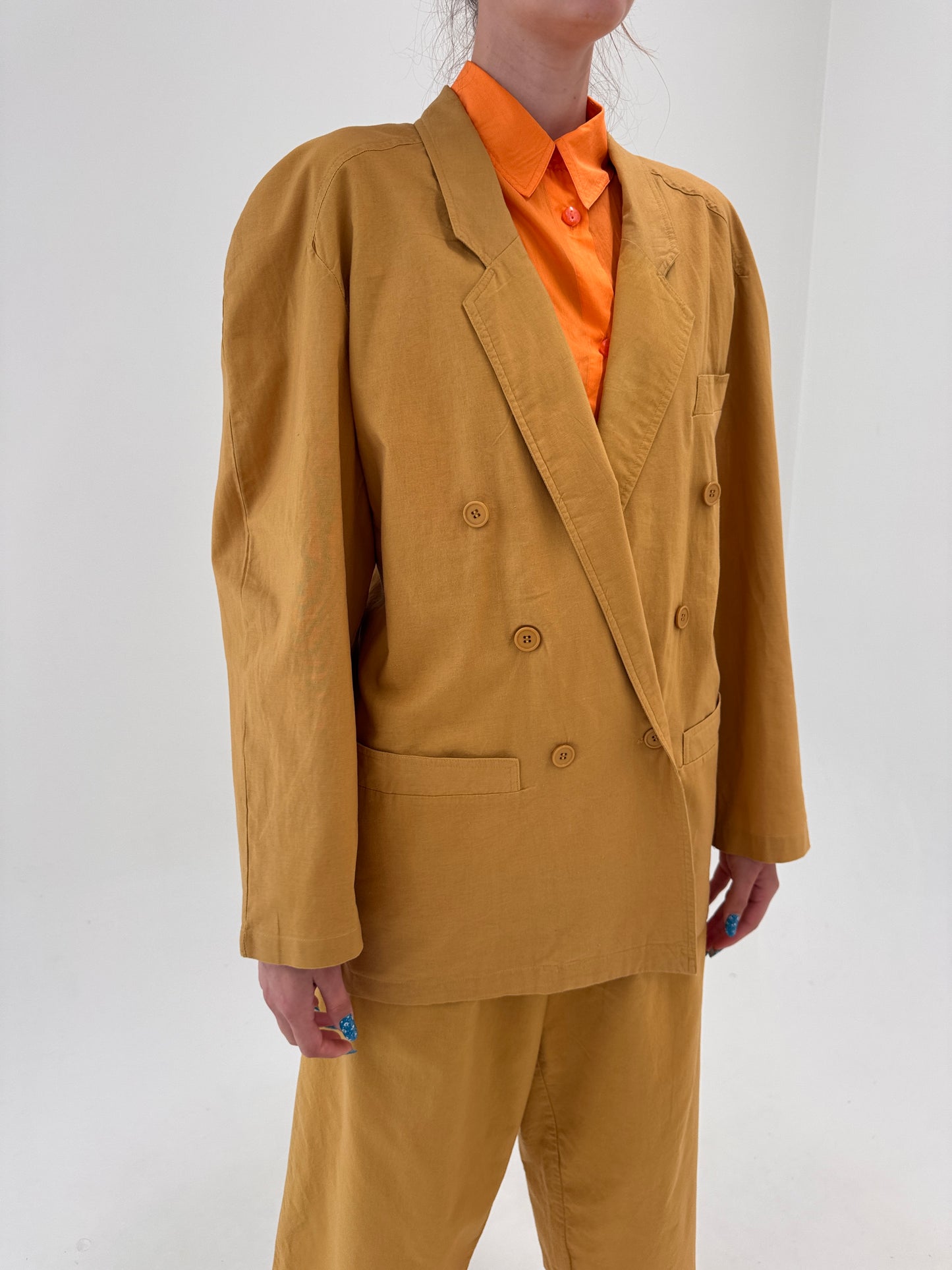 Costum camel vintage din canvas moale de bumbac cu pantaloni palazzo