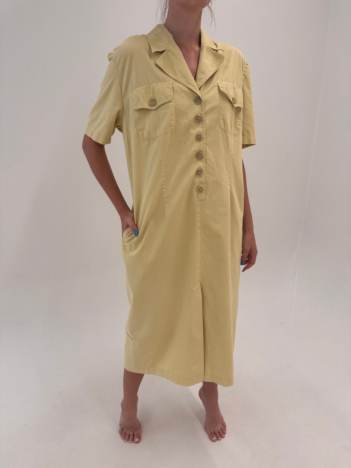 Rochie vintage luxury Safari Pierre Cardin din panza de bumbac cu buzunare