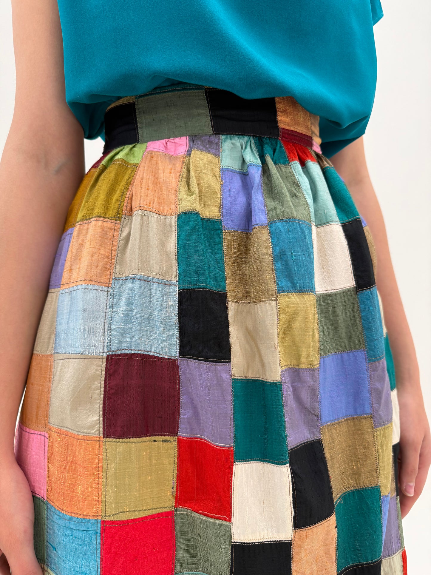 Fustă vintage în croi super elaborat Patchwork din pânză de mătase naturală