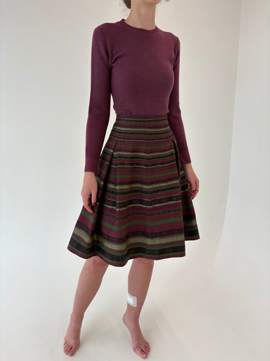 Fustă vintage din brocart de lans burgundy cu forest green