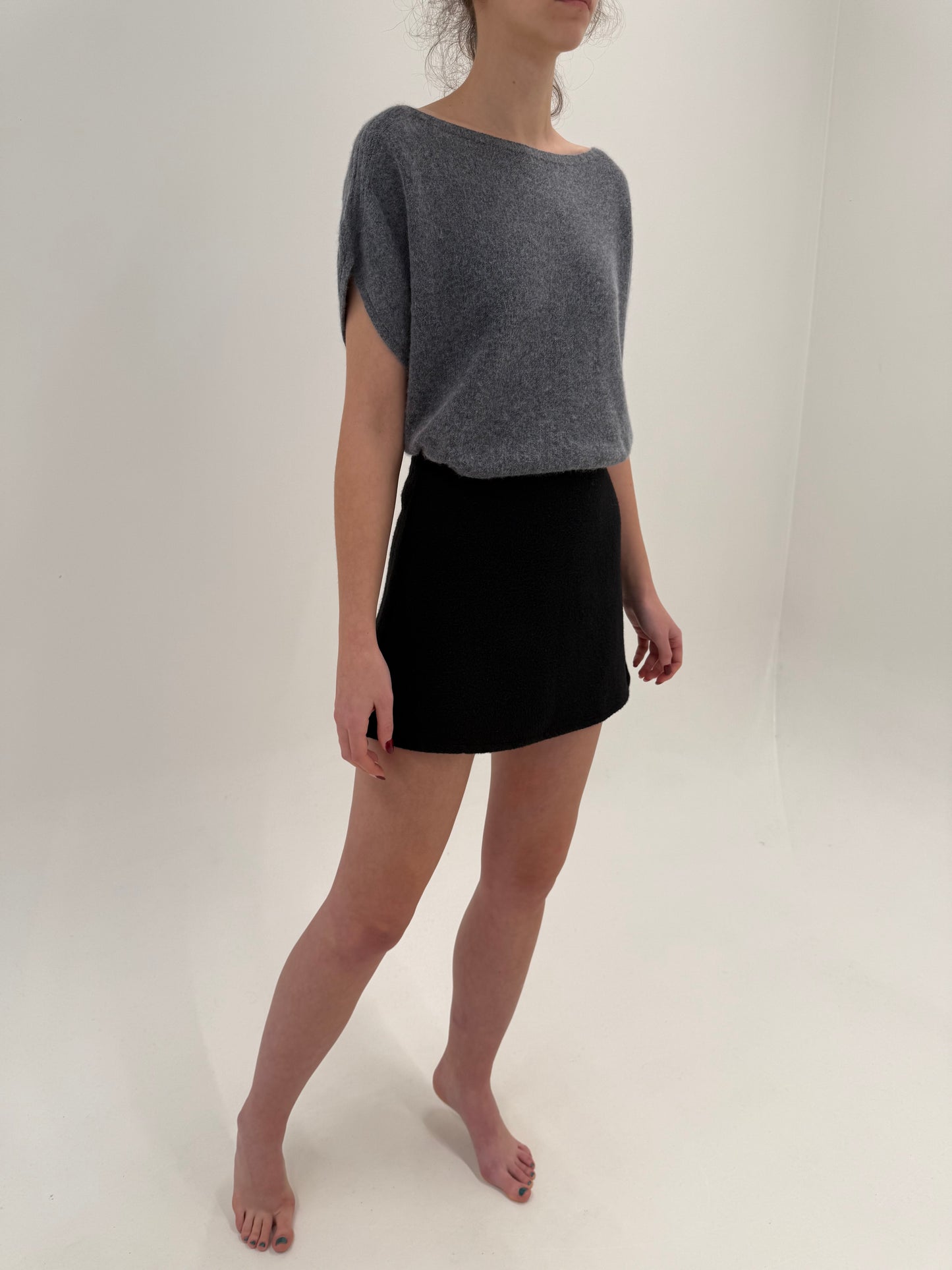 Fustă mini neagră din boiled wool gros și extrem de fin cu talie ultra înaltă