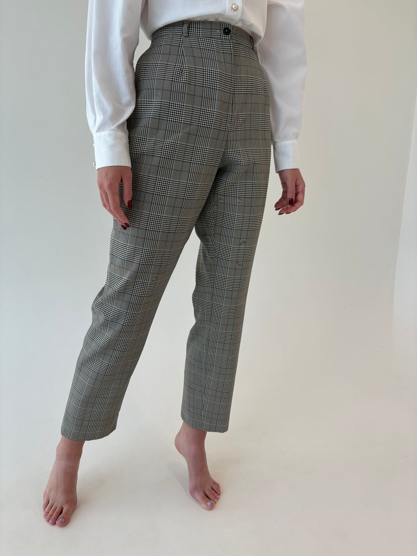 Pantaloni țigaretă don lana extrafina în carouri cu talie ultra înaltă