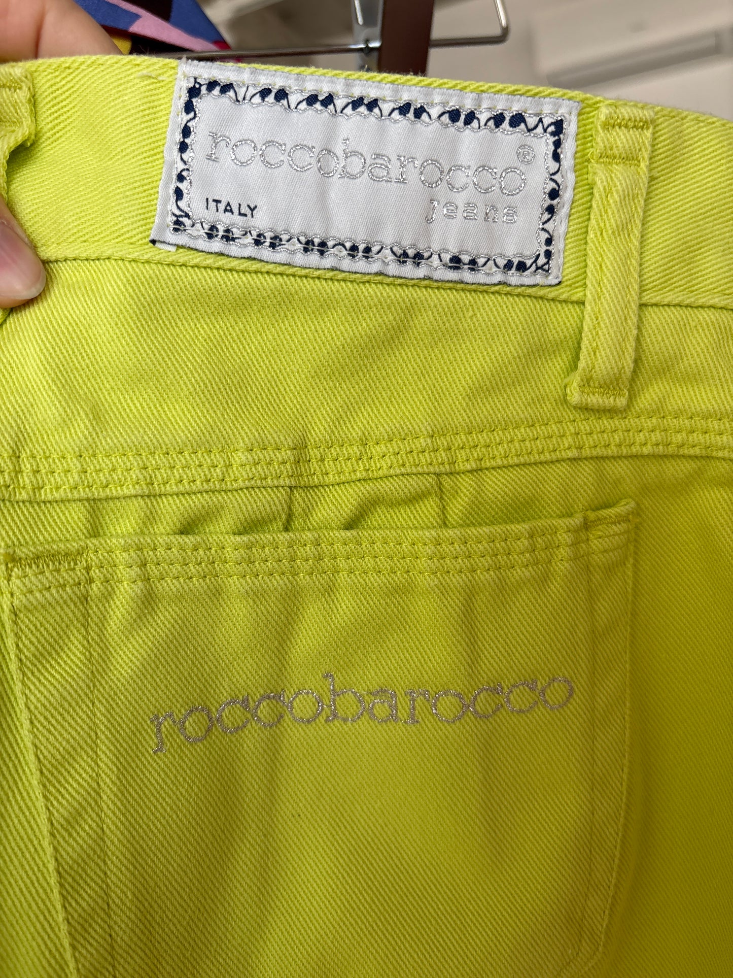 Jeans luxury vintage Rocco Barocco de vară neon green cu talie ultra înaltă