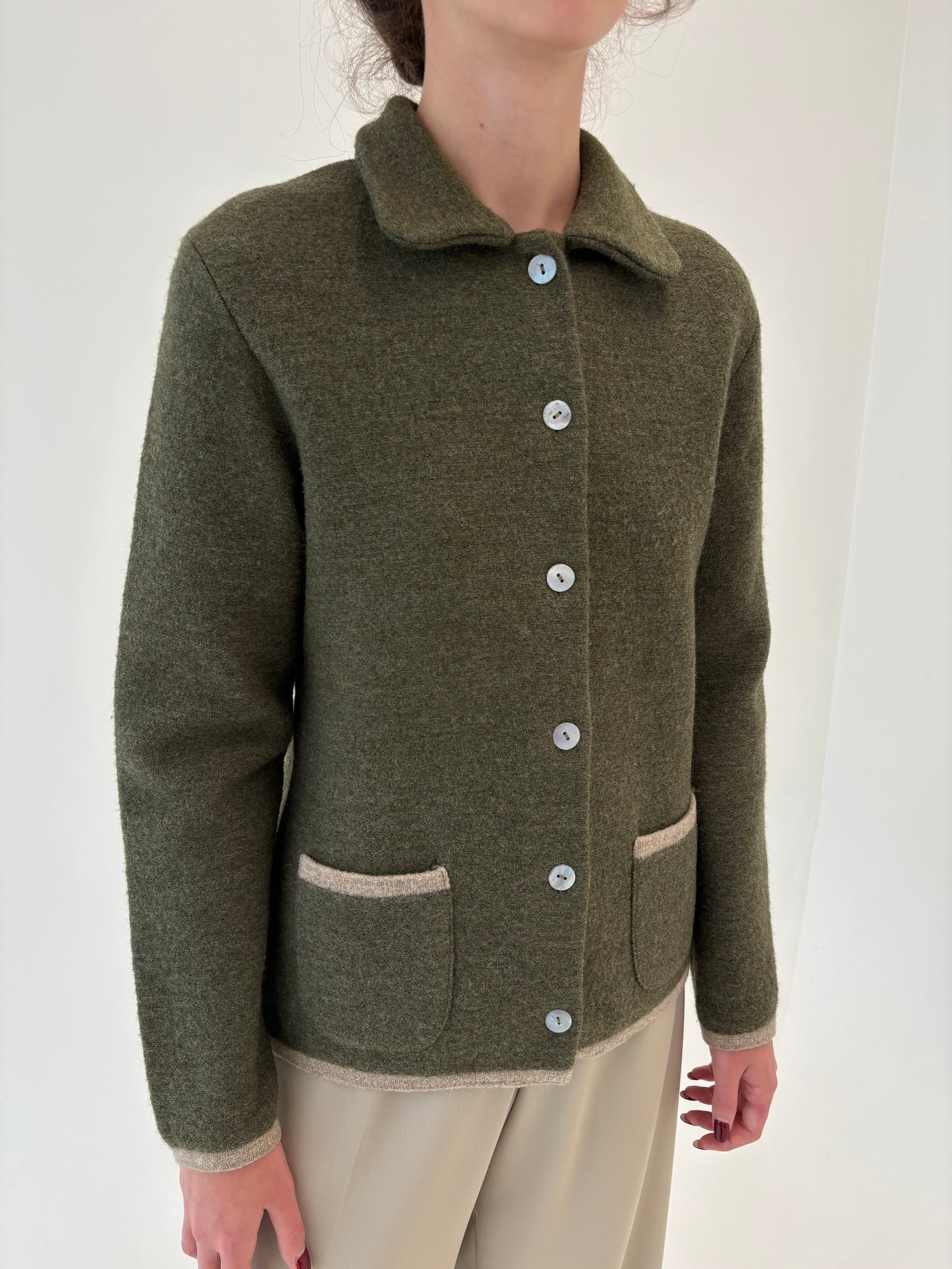 Jacheta Stefanel Sage green din boiled wool în croi super în trend