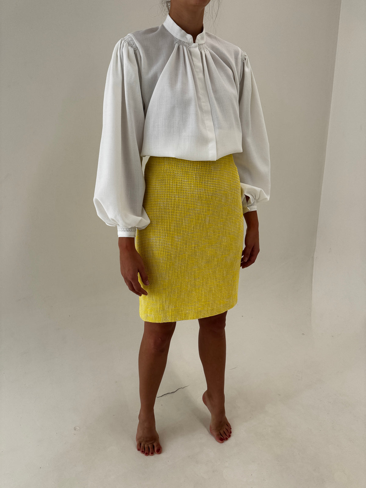 Fustă Max Mara din tweed de bumbac light yellow in croi clasic