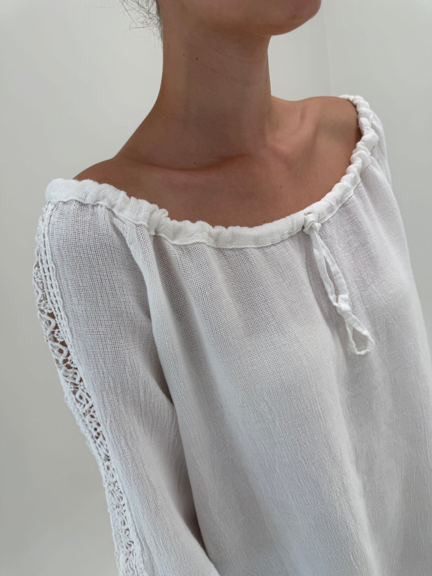 Tunica lunga/ rochie din pânză excepțională de in și bumbac cu inserții macrame
