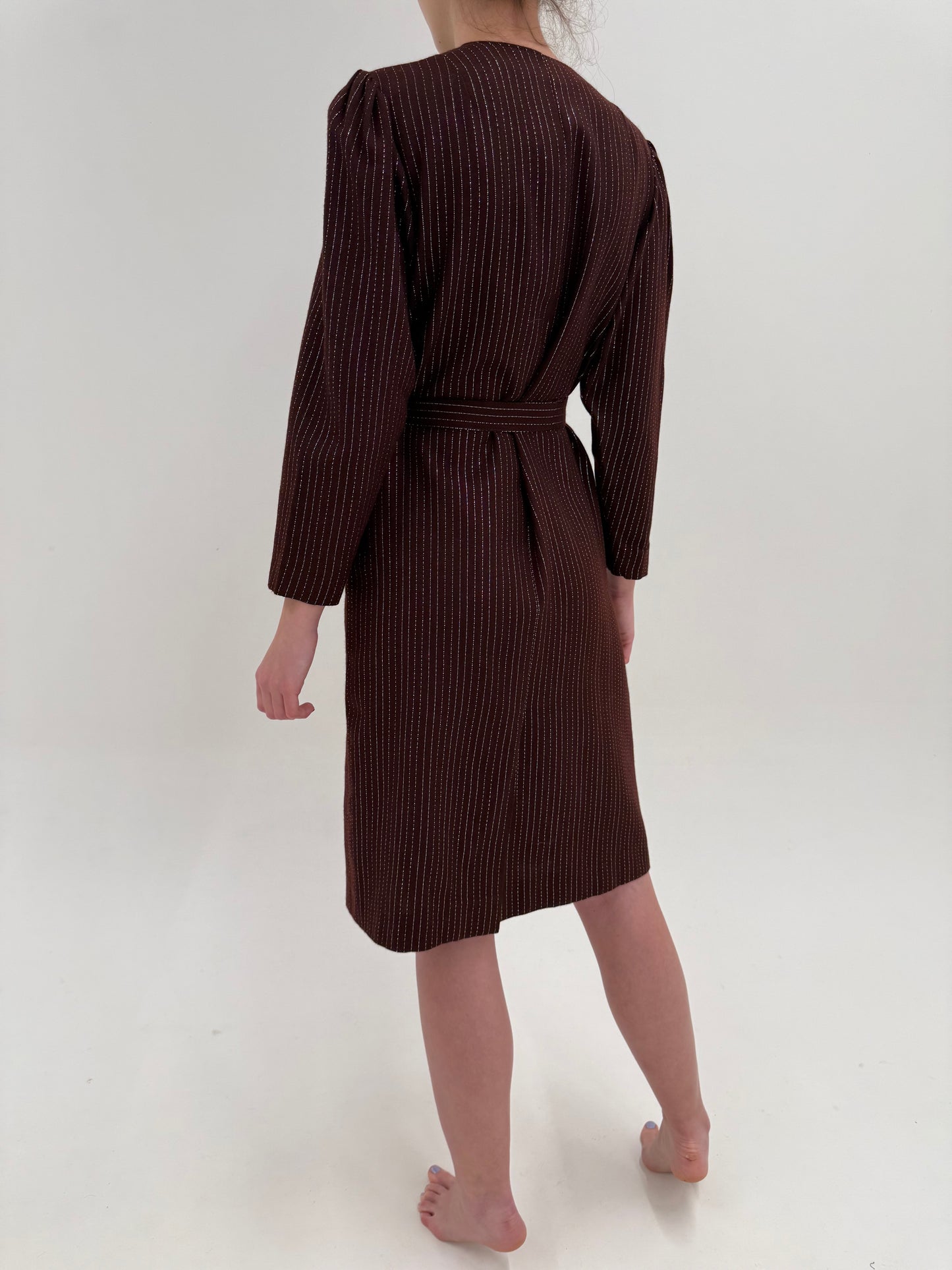 Rochie vintage chocolate brown din stofita de lana extrafina cu dungi argintii