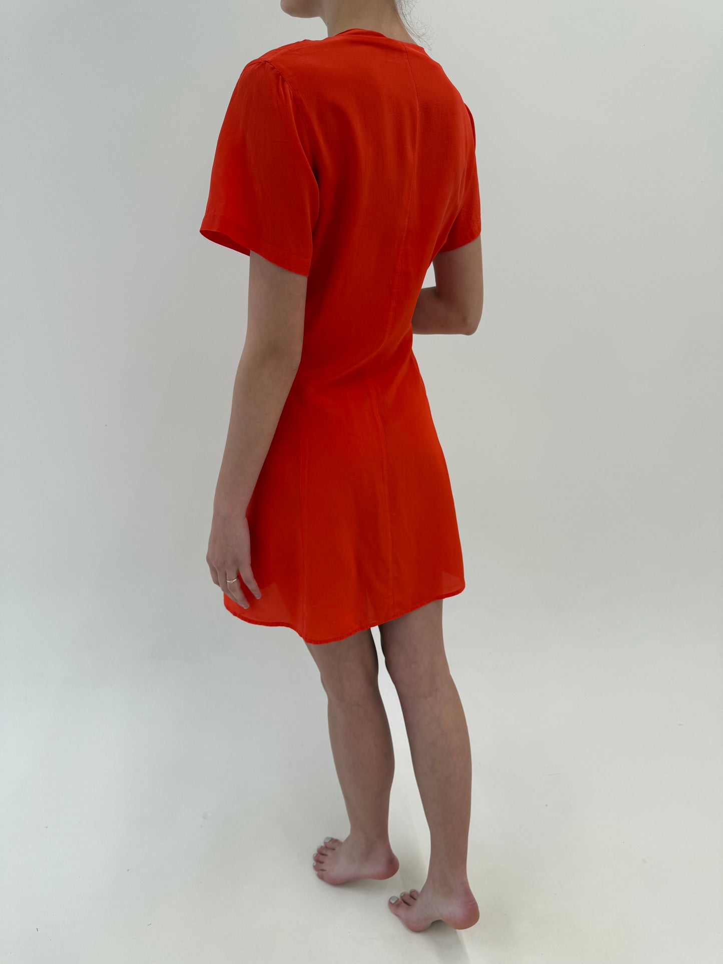 Rochie vintage din mătase naturală electric coral red în croi ușor cambrat