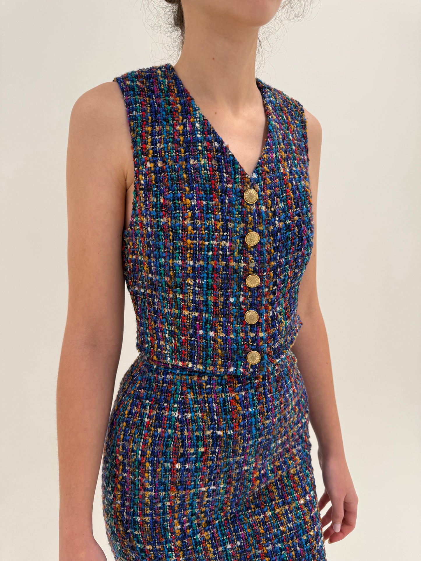 Set vintage in stil Chanel din 3 piese din tweed superb multicolor