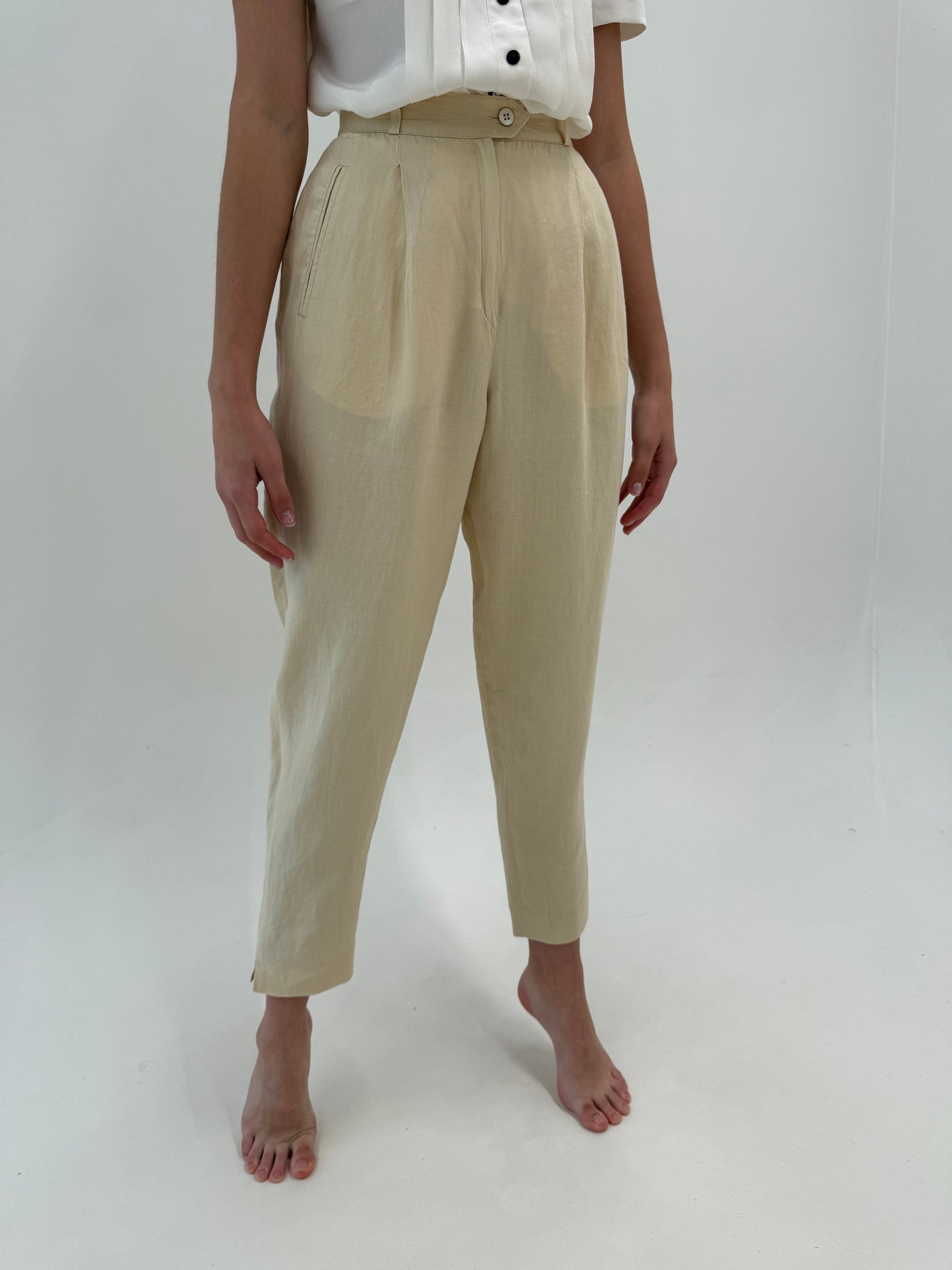 Pantaloni camel Max Mara din in premium cu pense și talie ultra înaltă
