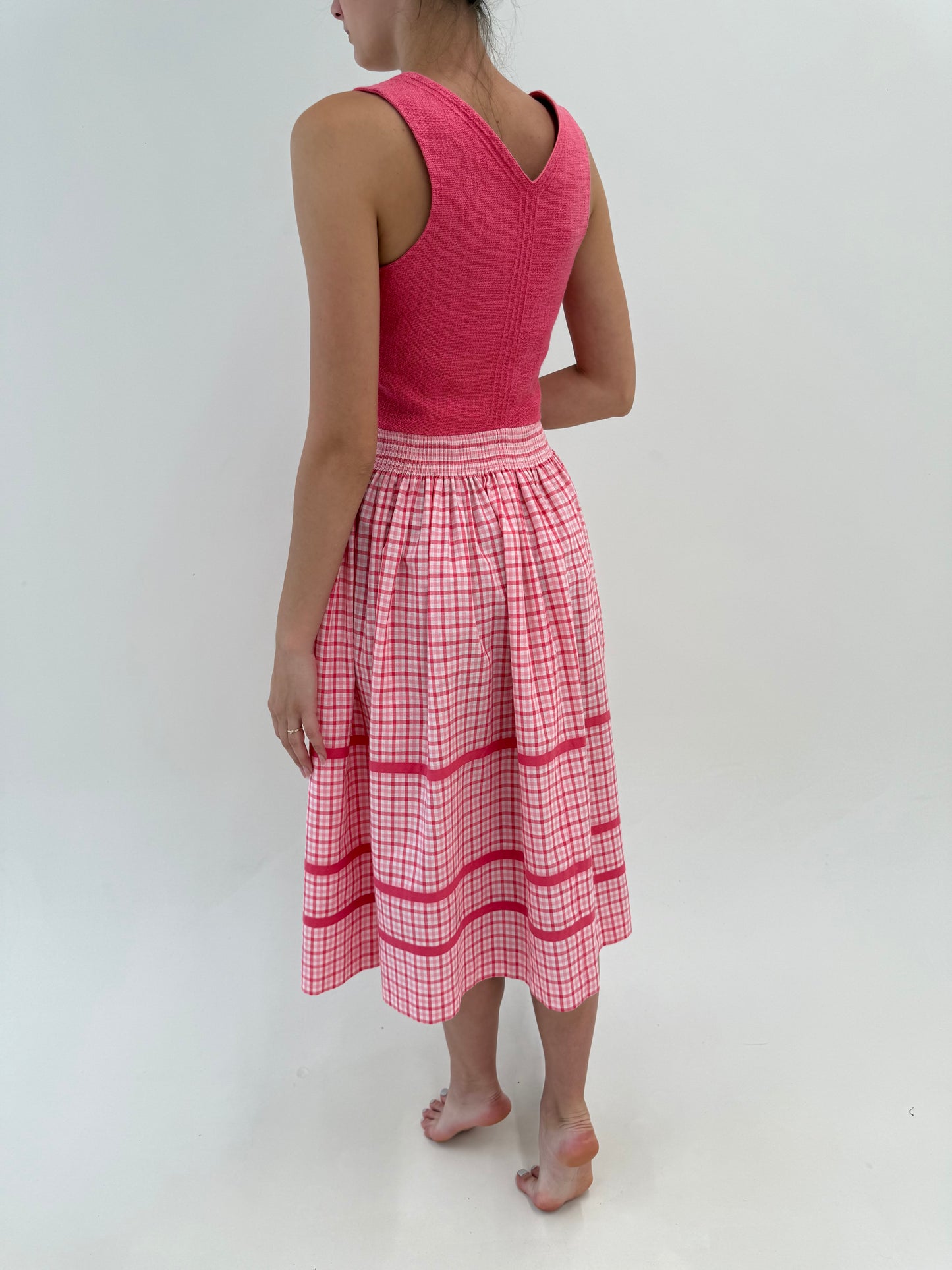 Rochie vintage maxi cu corsaj Barbie pink din pânză de in și bumbac