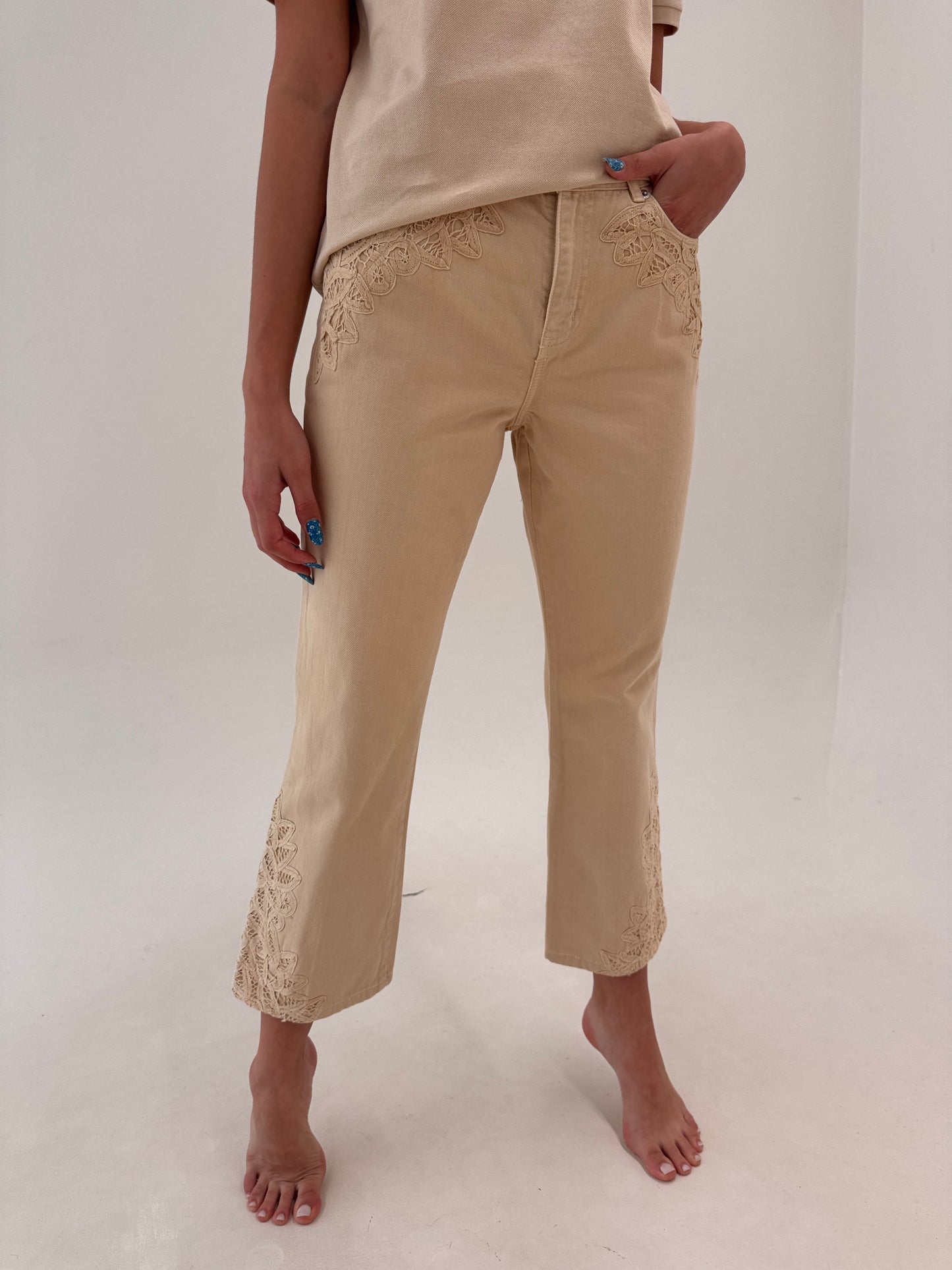 Jeans Ralph Lauren camel de vară cu dantelă macrame petite în croi evazat