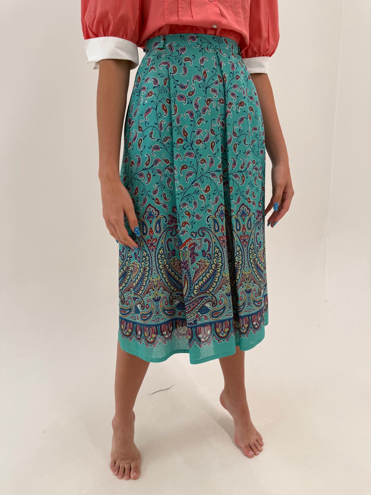 Fustă vintage superbă aqua blue din panzica fină cu print organic midi