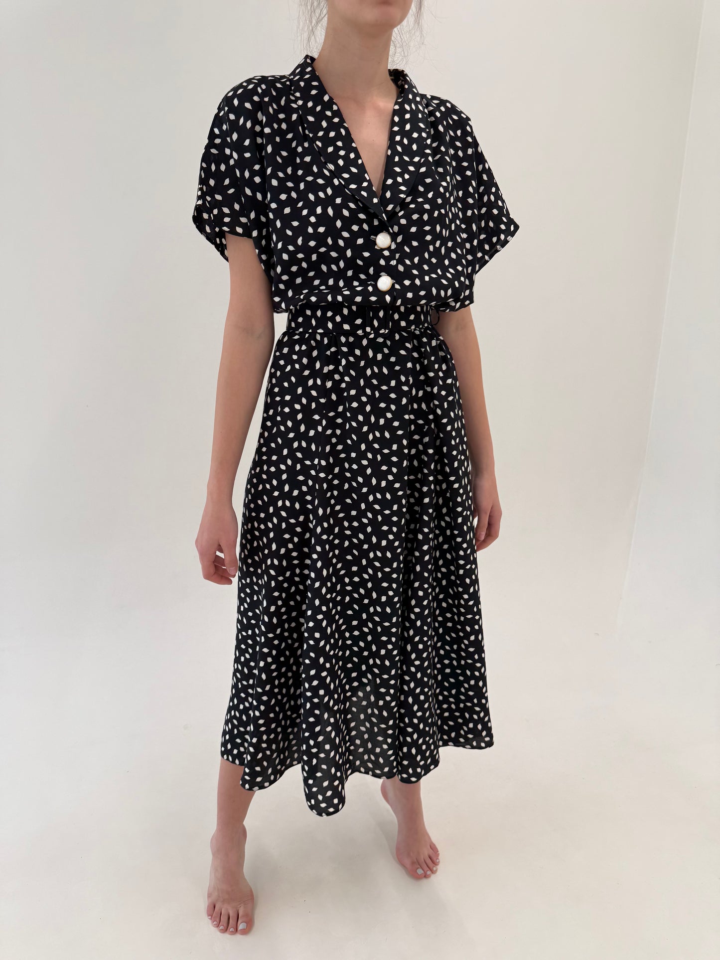 LBD maxi vintage nouă cu etichetă cu talie ultra înaltă elastică și print alb