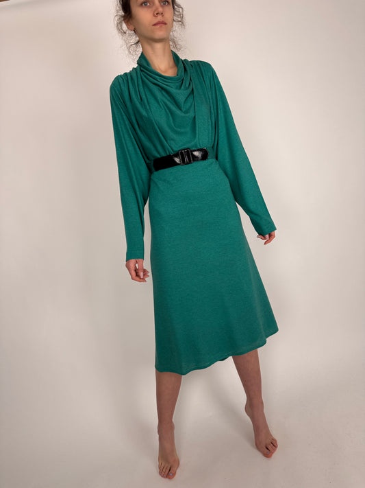 Rochie vintage pine green tare din mix de lana extafina cu talie marcată