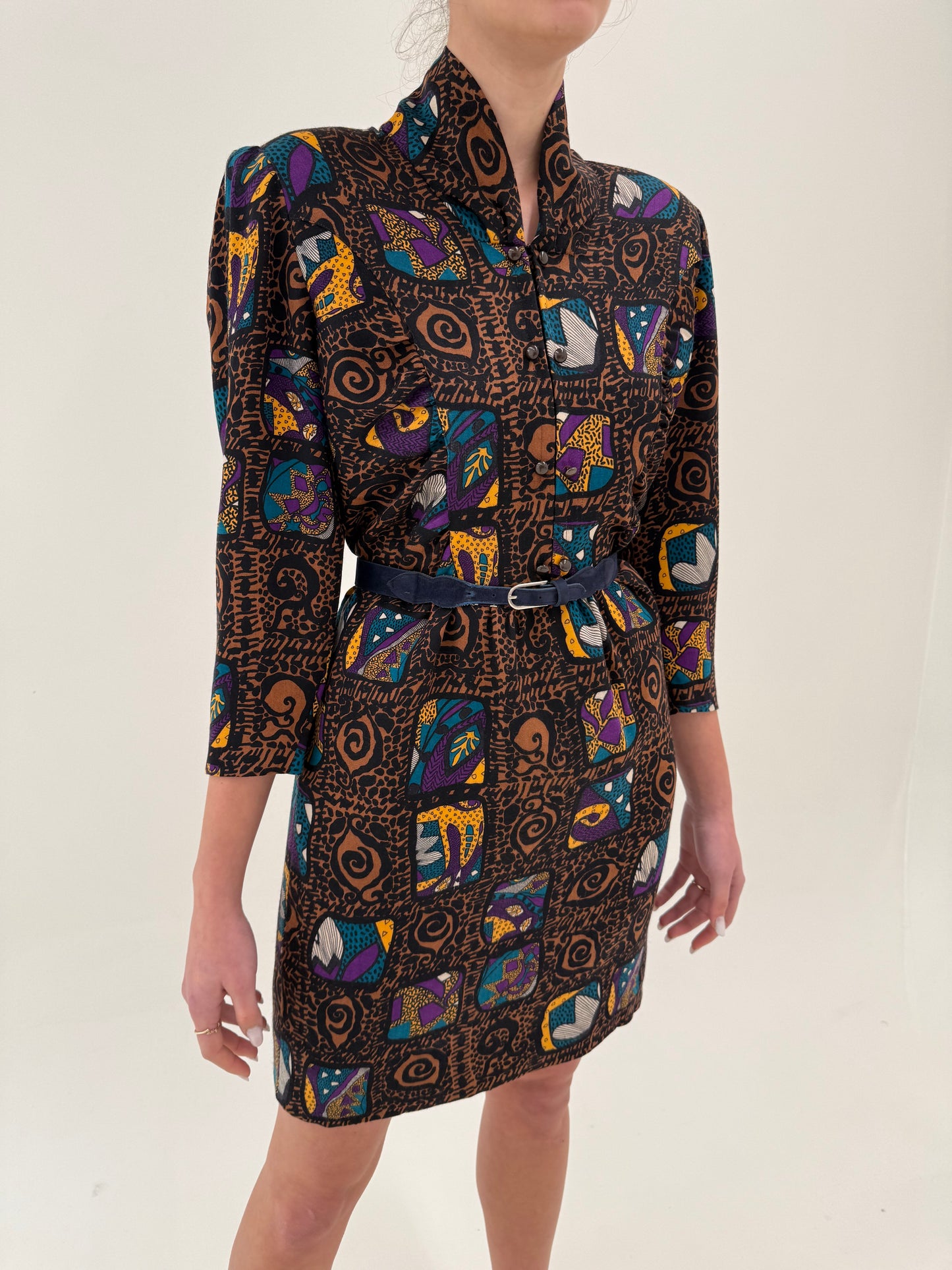 Rochie vintage cambrata cu fronseuri și print din lana extrafina subțire