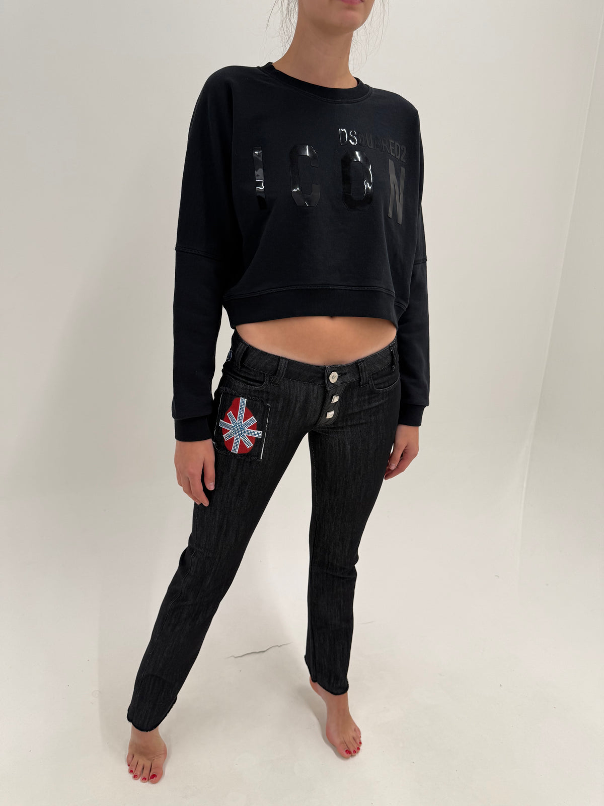 Jeans Phillip Plein couture luxury straight leg tall cu influențe punk dark wash