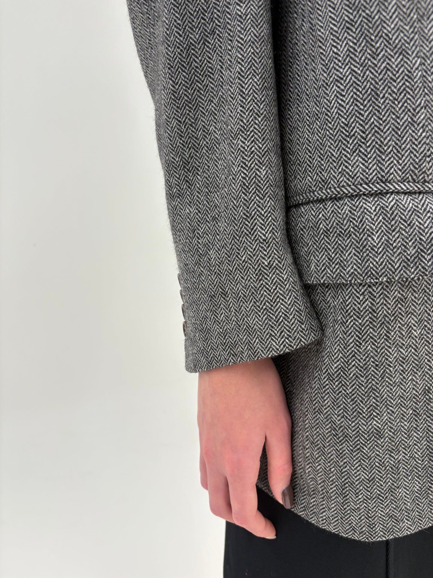 Sacou couture din stofă de lana și cașmir Chevron alb cu negru