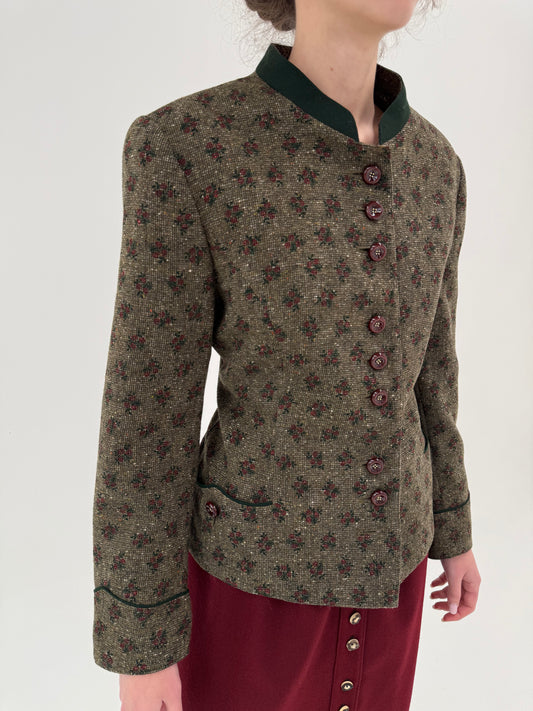 Sacou vintage ușor cambrat din tweed gros cu ținuta și print floral delicat