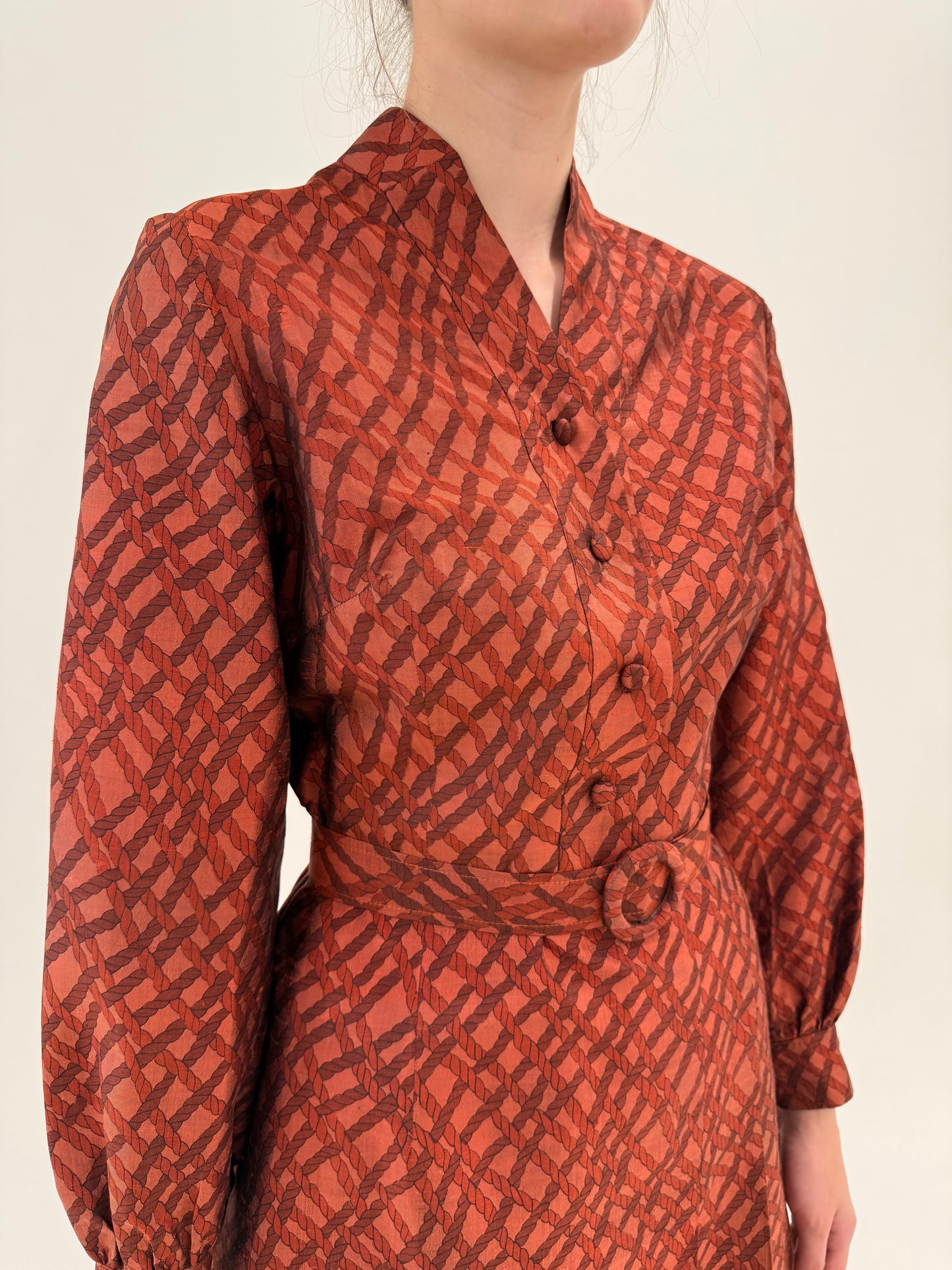 Rochie vintage din mătase naturală dupioni cu buzunare și curea proprie