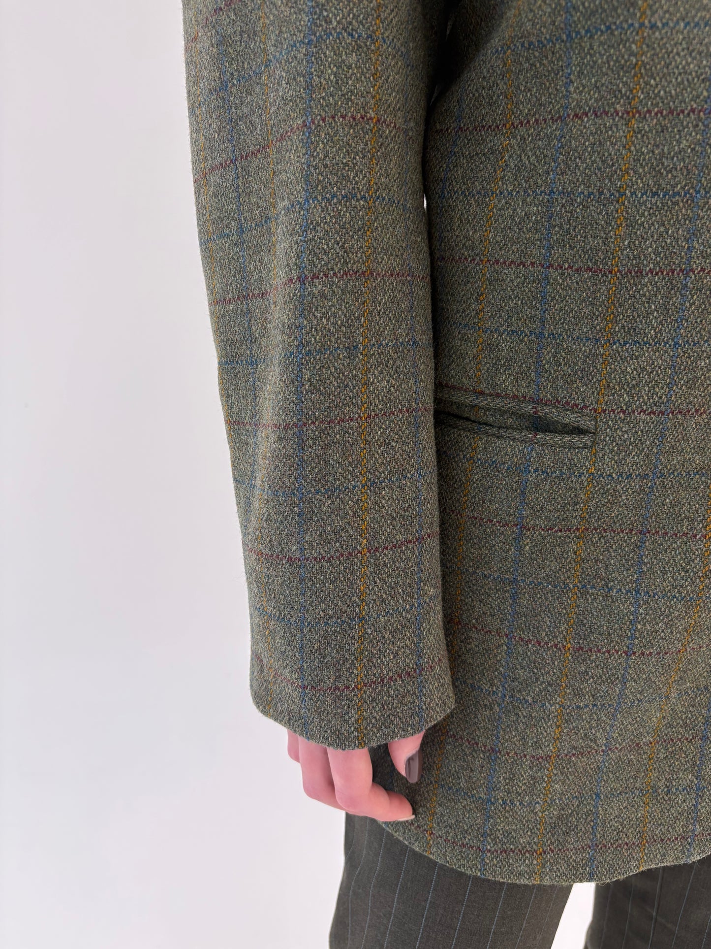 Sacou plus size din tweed forest green în carouri colorate