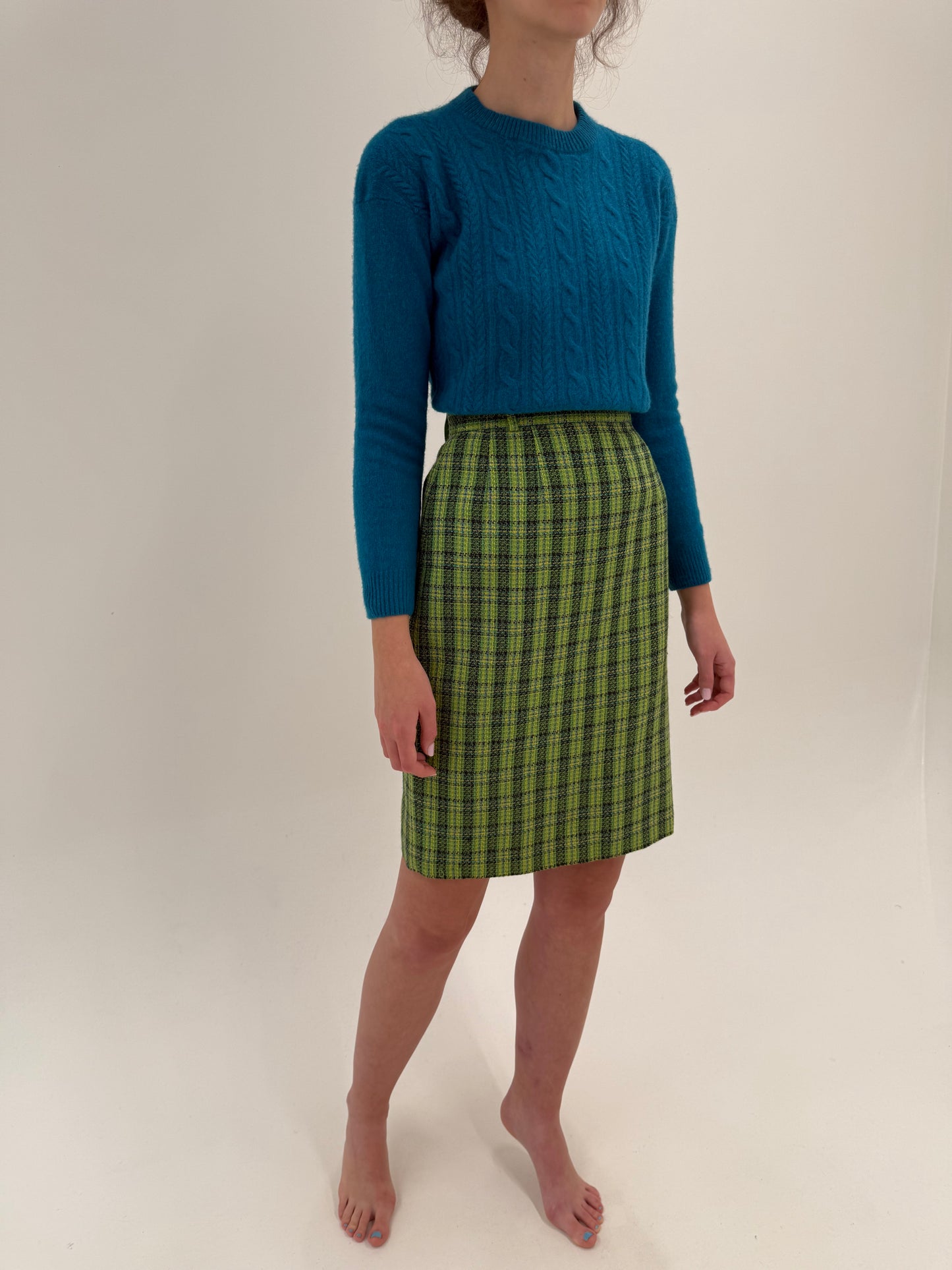 Fustă lime green in stil Chanel din tweed conică cu talie ultra înaltă