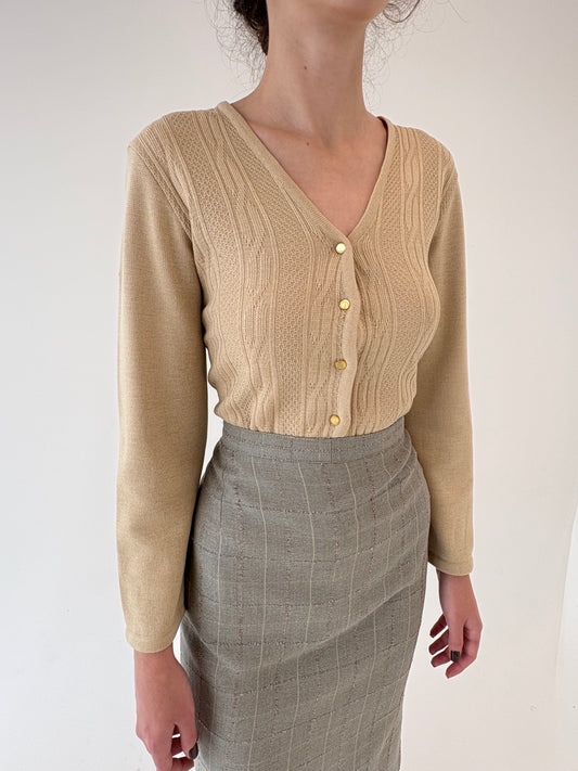 Cardigan vintage camel din lana extrafina cu torsade