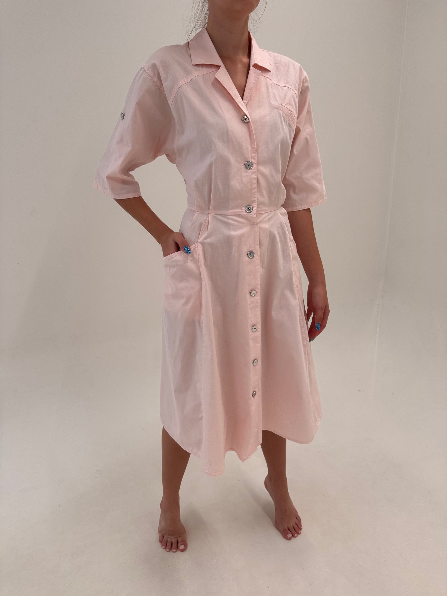 Rochie vintage powder Pink in croi retro modern de ani 50 din poplin premium de bumbac