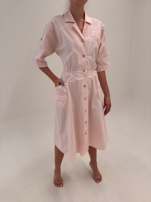 Rochie vintage powder Pink in croi retro modern de ani 50 din poplin premium de bumbac
