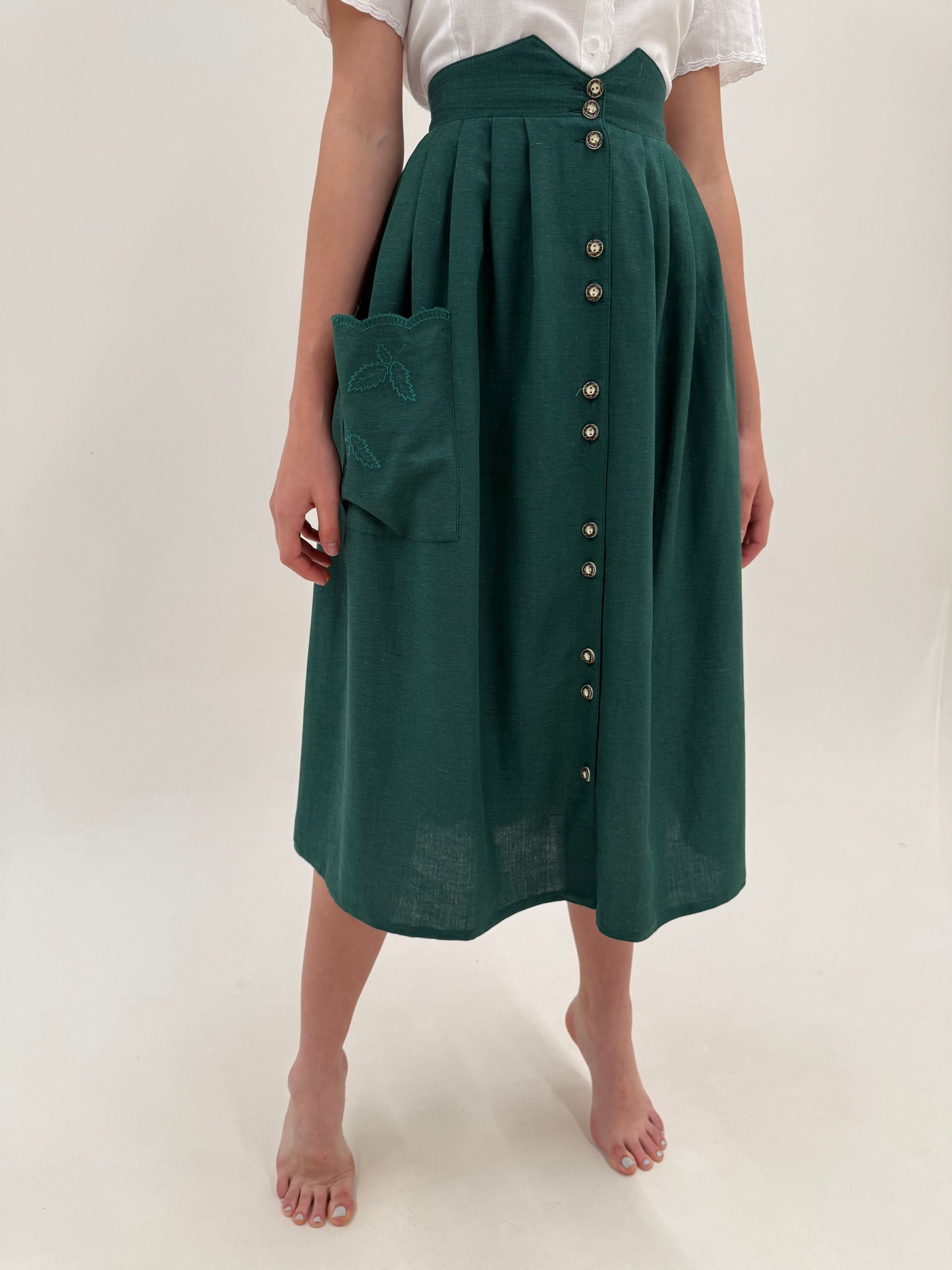 Fustă cu talie super marcată din pânză moale dark green midi lung