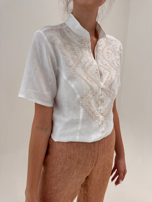 Cămașa luxury Nara Camicie din in cu broderie camel