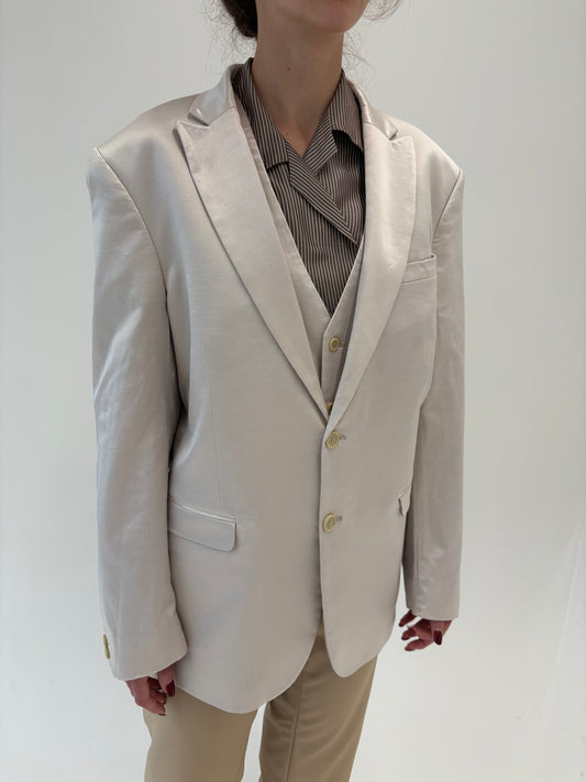 Set sacou + vestă din stofă satinata off white din mix de mătase naturală