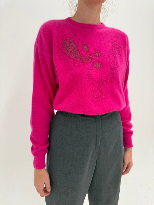 Pulover vintage fucsia italian cu broderie din lana extrafina și Angora