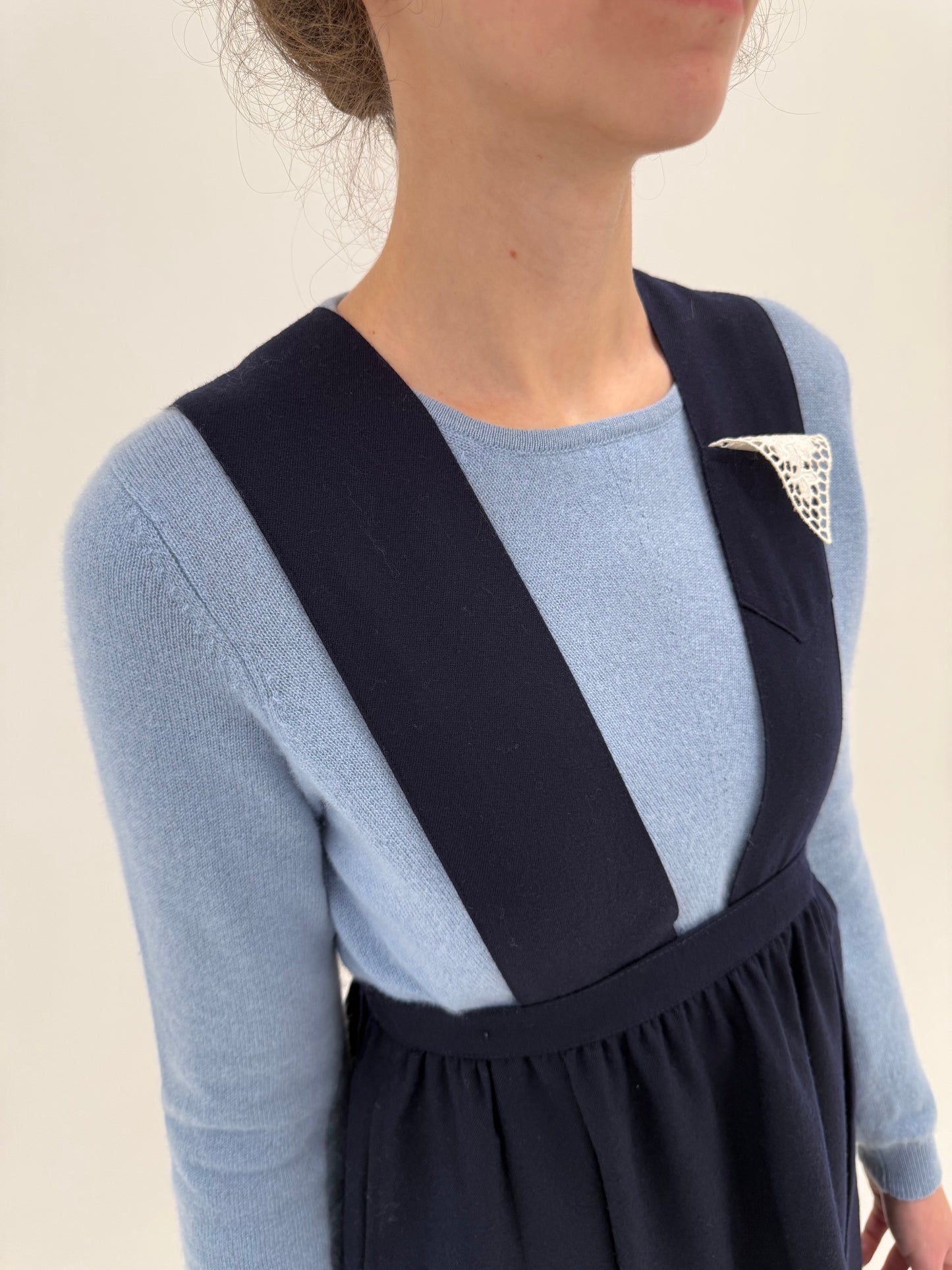 Sarafan vintage din lana extafina navy cu fustă super amplă și talie ultra înaltă