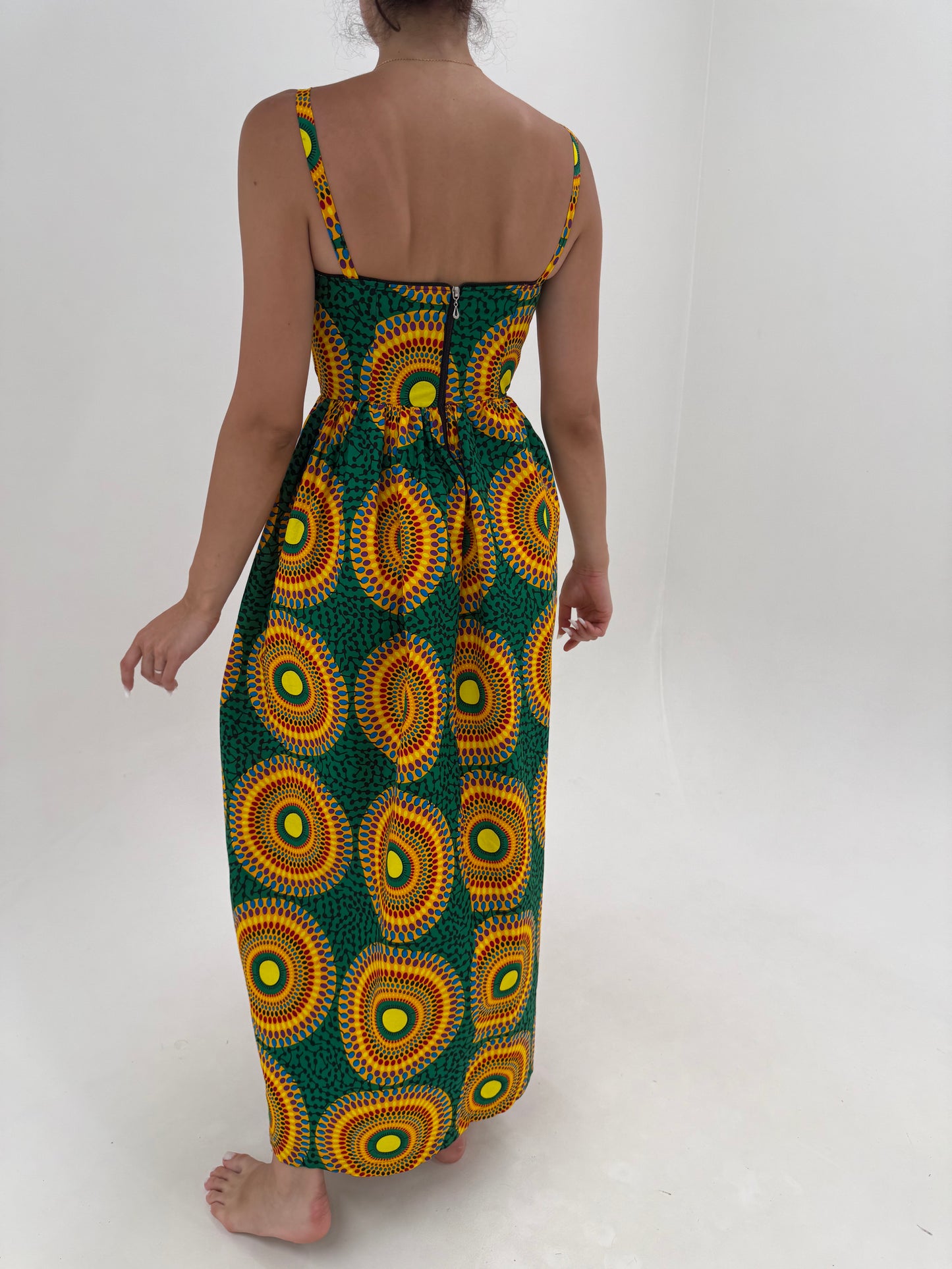 Rochie maxi cu corsaj din canvas de bumbac cu print manual în culori tari