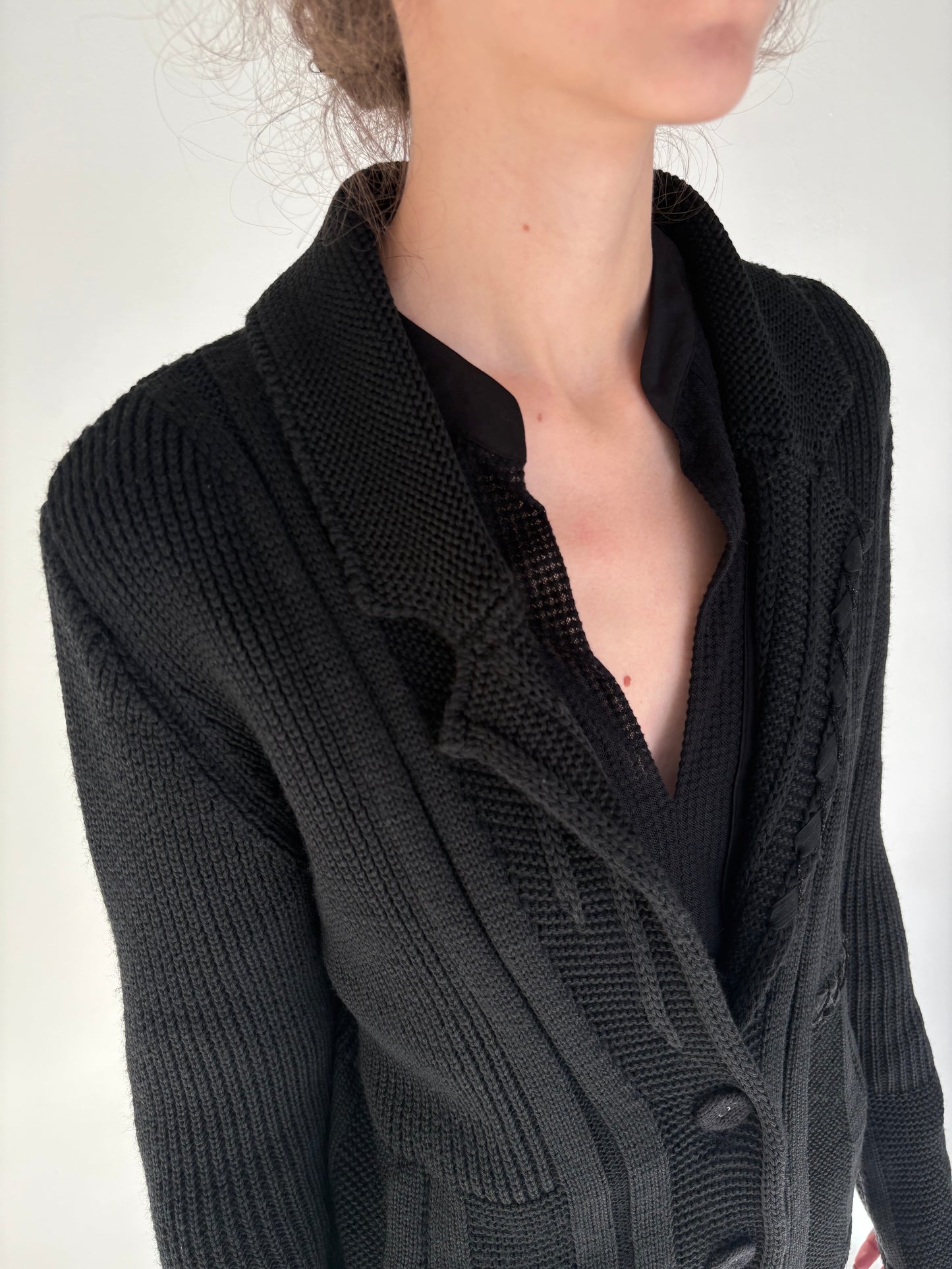 Cardigan in croi de sacou negru gros italian 70% lana merino extrafina