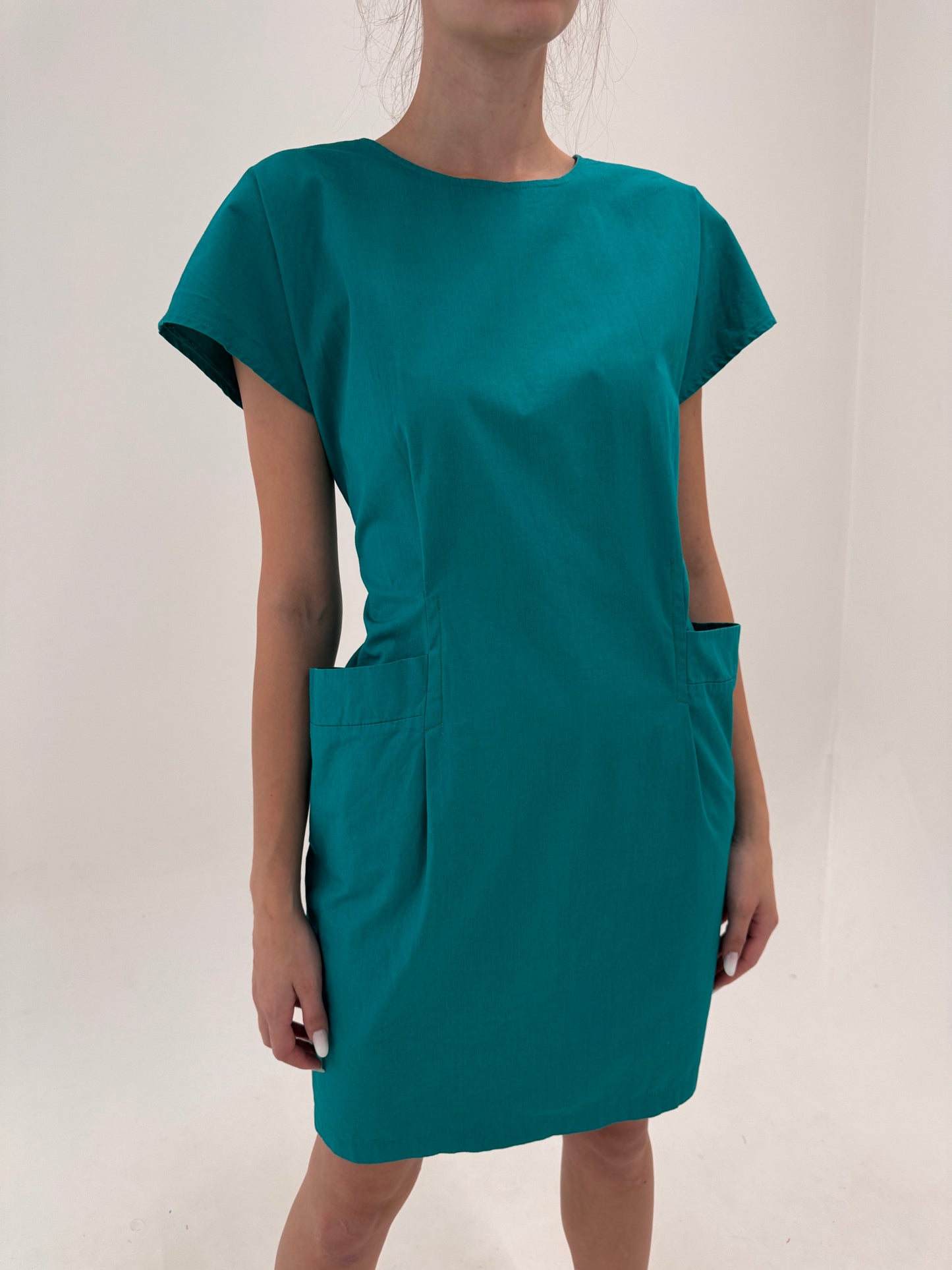 Rochie italiana în croi retro modern cu buzunare teal green din poplin premium